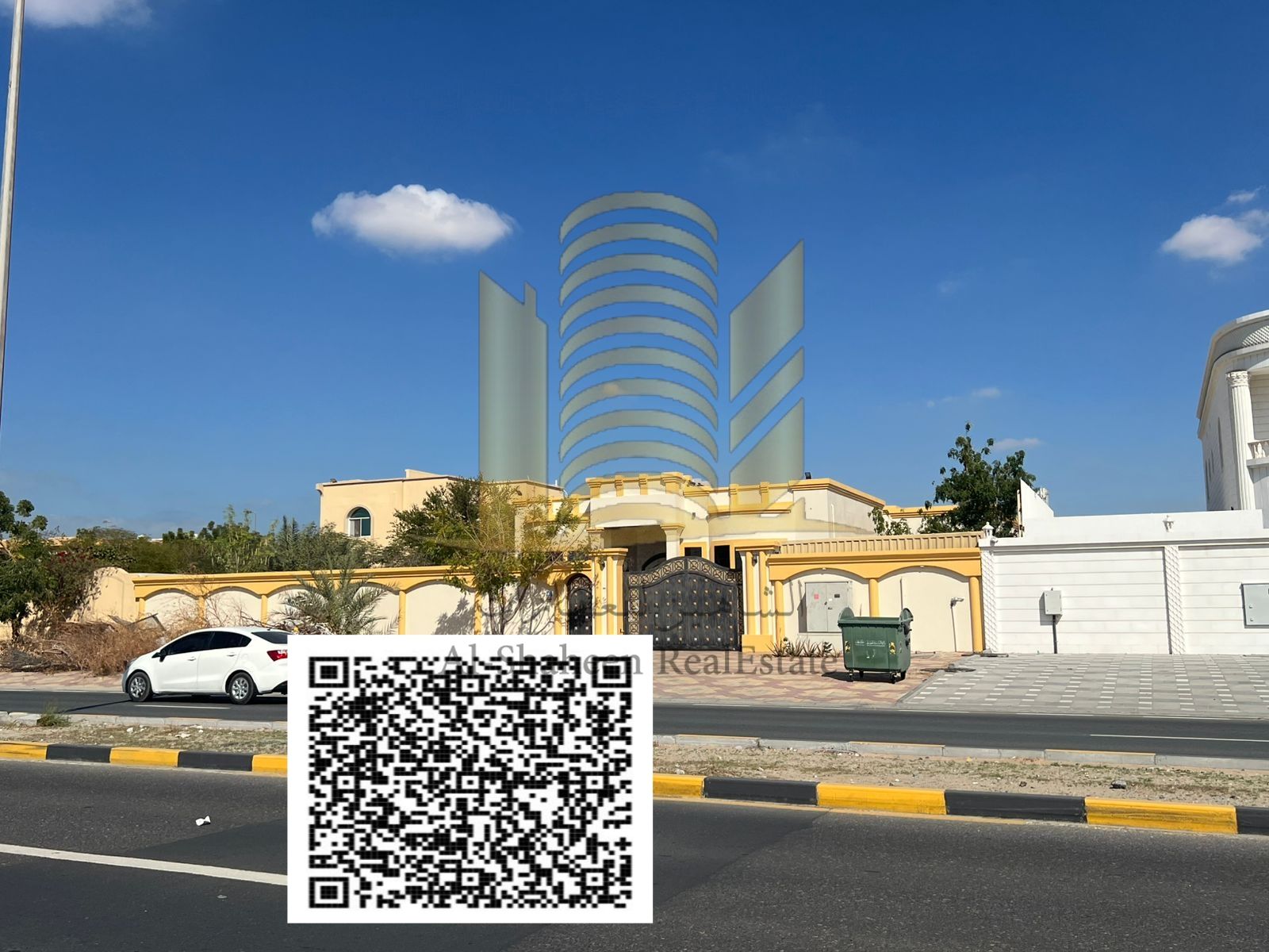 Villa for sale in Ajman, Al Jurf area, 15,000 sq ft. It consists of: a majlis with washrooms, a dining room, a large living room with washrooms and a bedroom, a large indoor kitchen, three master bedrooms, an annex, a large outdoor kitchen, a shaded barbe