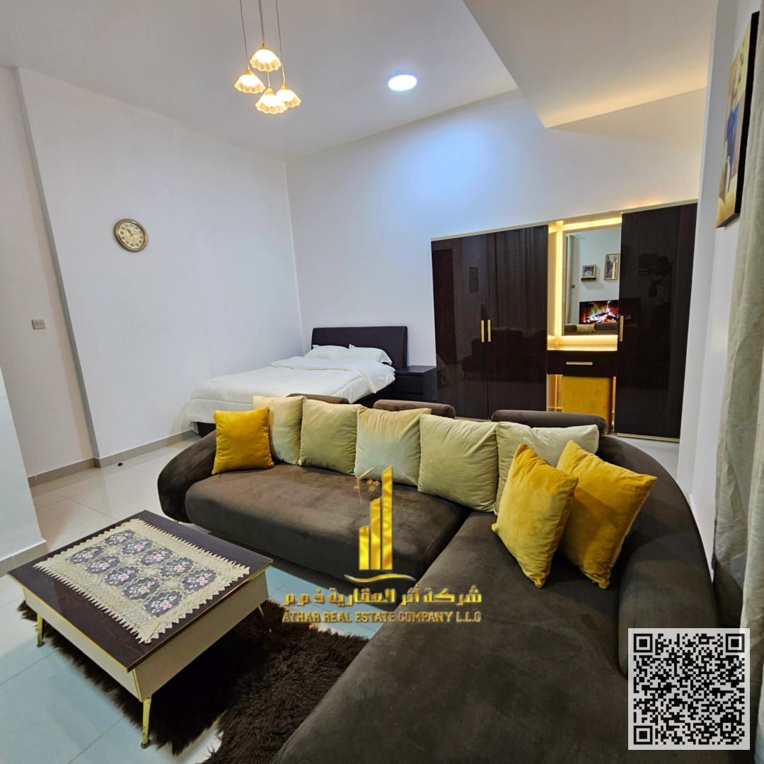 Luxurious and elegant fully furnished studio apartment with brand new VIP furniture available for monthly rent in Al-Jarf 2, next to Al-Aqsa School.