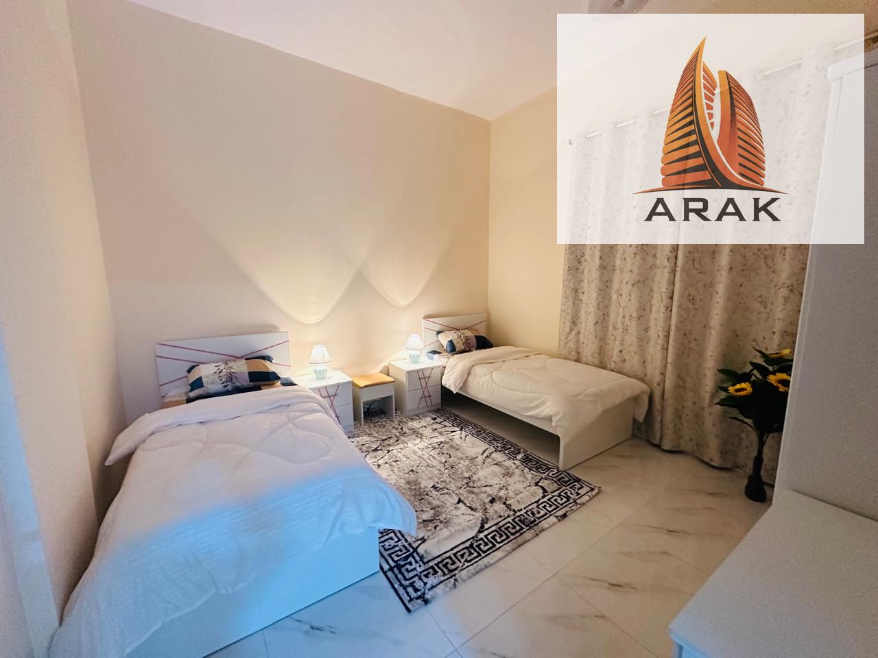 A fully furnished two bedroom apartment with a living hall is available for monthly rent in Ajman Corniche