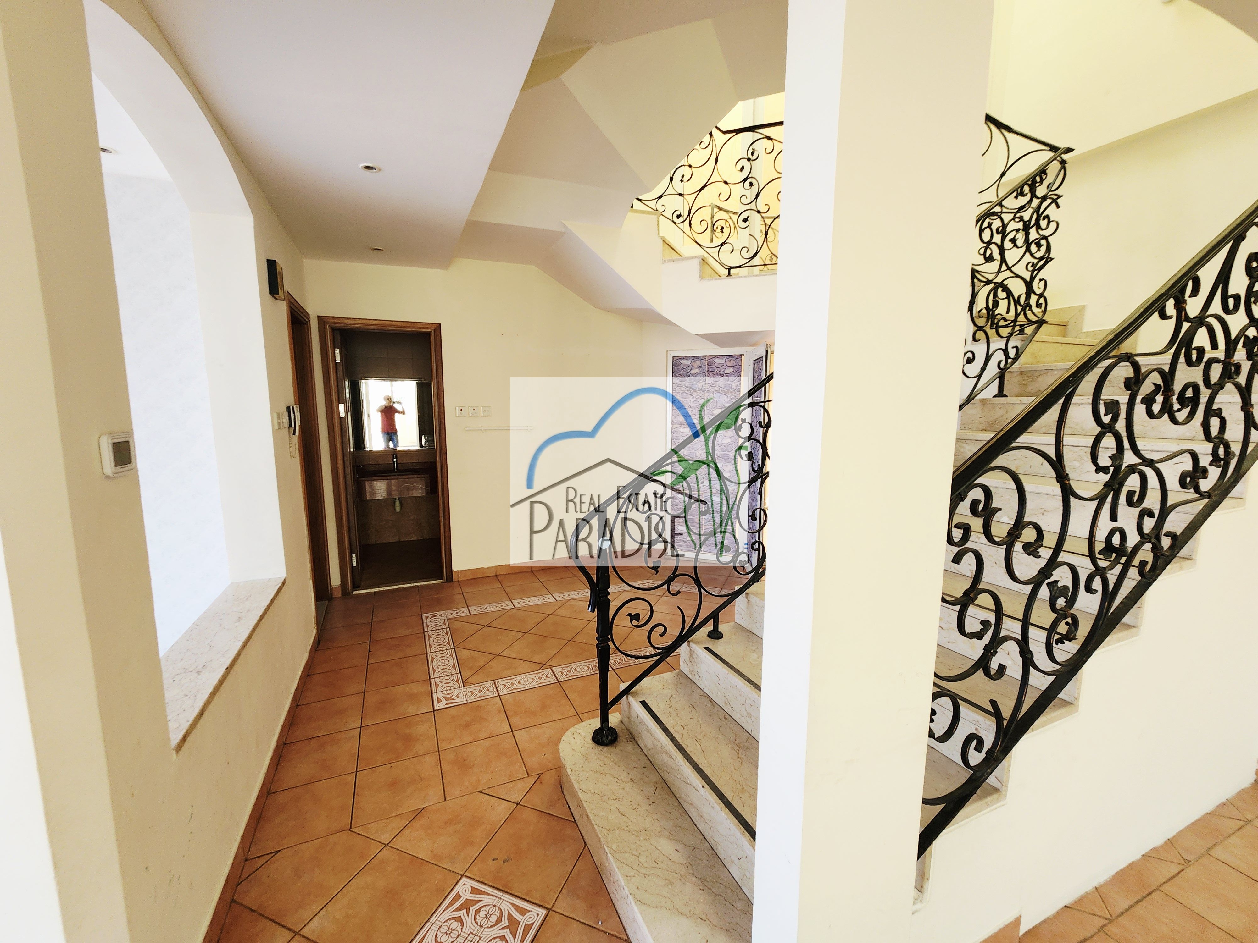 private entrance 3 bedrooms all master /corner unit with garden/living & dinning/fitted kitchen/maids room/ 5 parking space 1 covered for rent mirdif