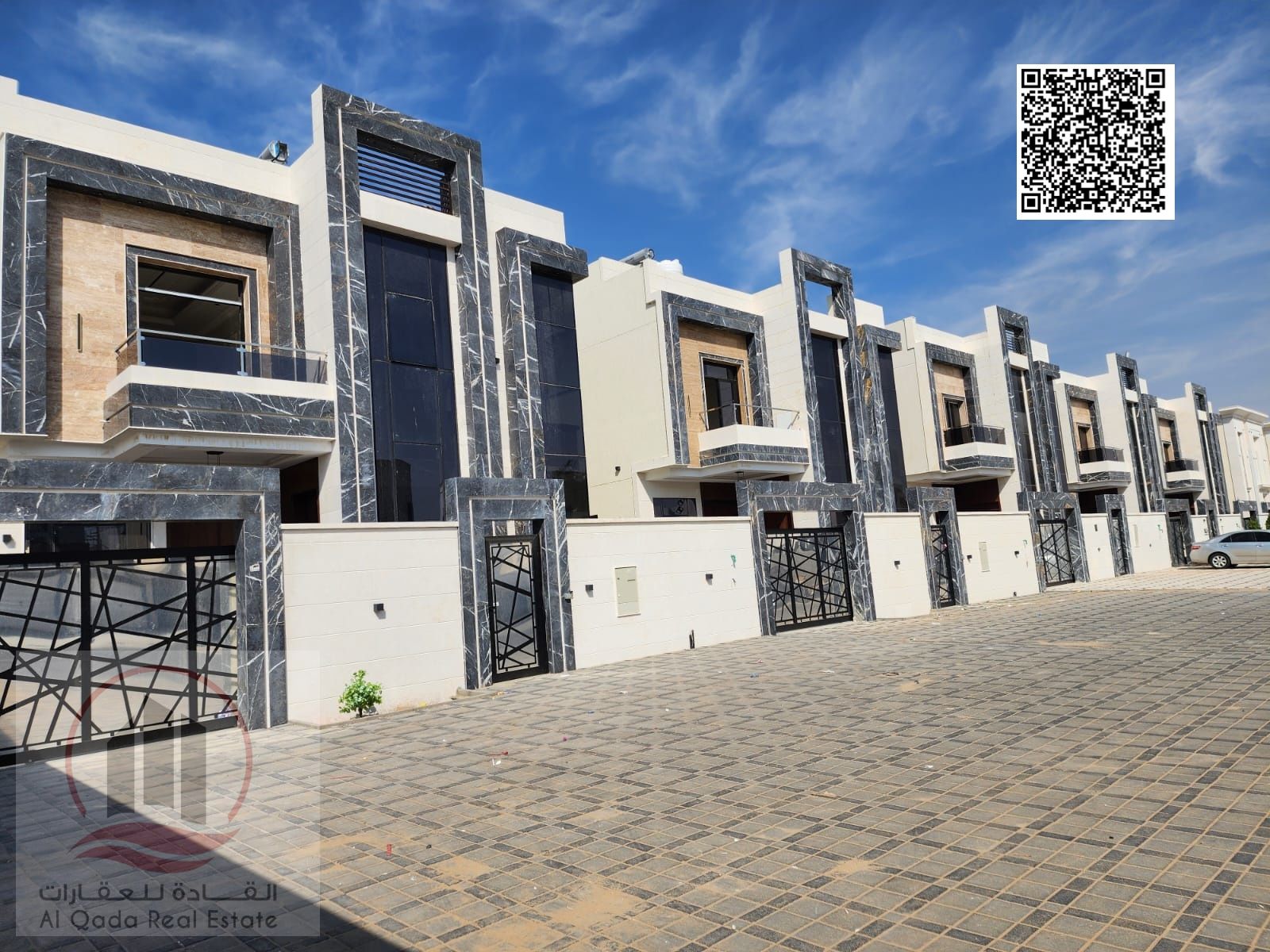 Villa for sale in Al Zahiyah, Ajman. Modern design, ground floor, first floor, and roof (5 master bedrooms, majlis, living room, and maid's room).