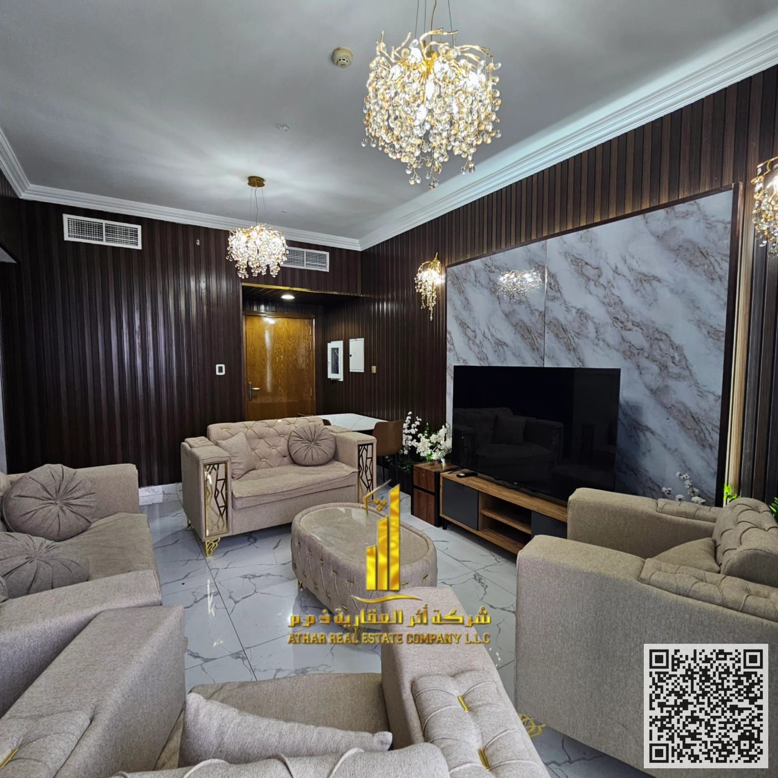 With a sea view, the most luxurious and elegant two-bedroom apartment with a fully furnished living room is available for monthly rent in Al Waha Towe
