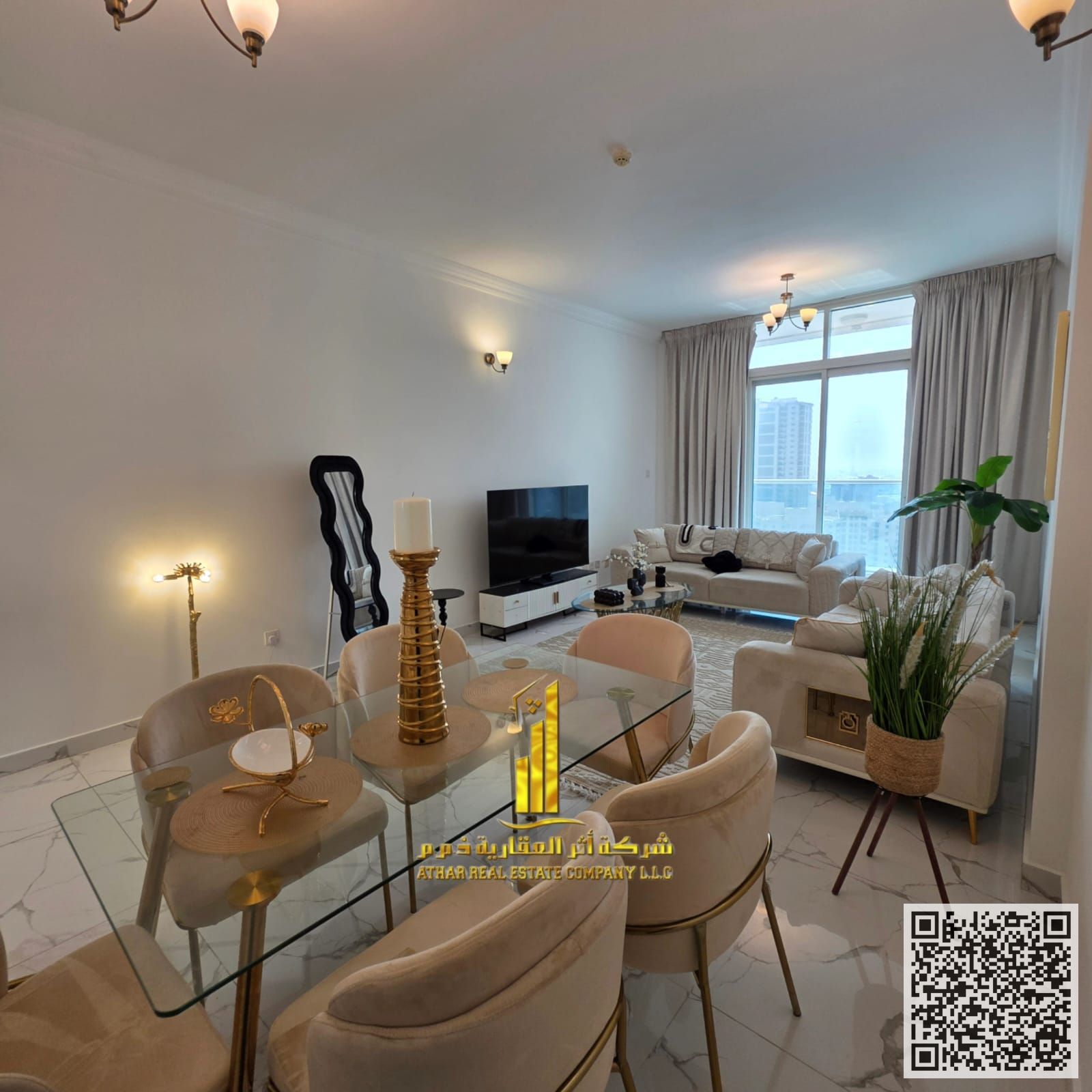 With a sea view, the most luxurious and elegant two-bedroom apartment with a fully furnished living room is available for monthly rent in Al Waha Towe