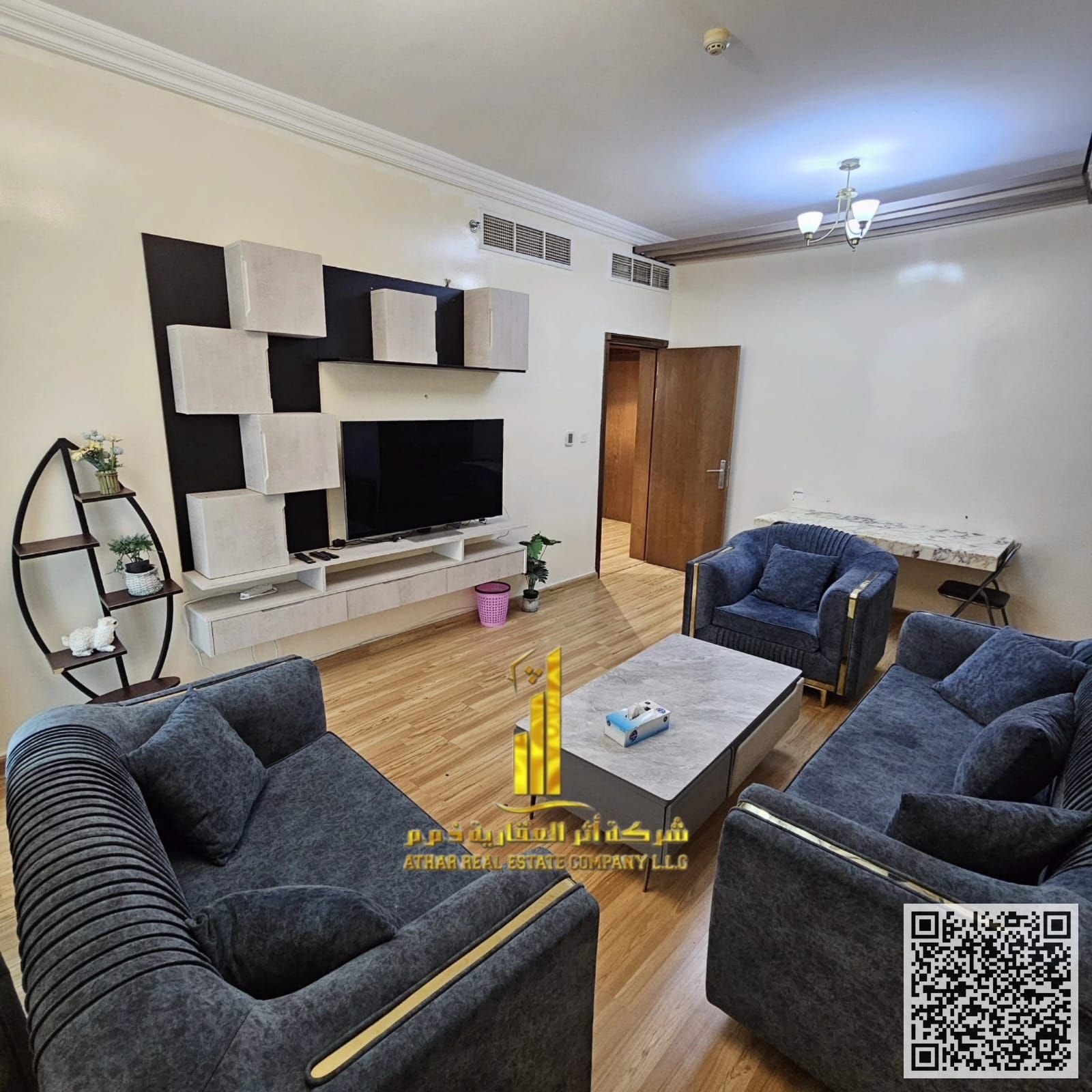 With a sea view, the most luxurious and elegant two-bedroom apartment with a fully furnished living room is available for monthly rent in Al Waha Towe