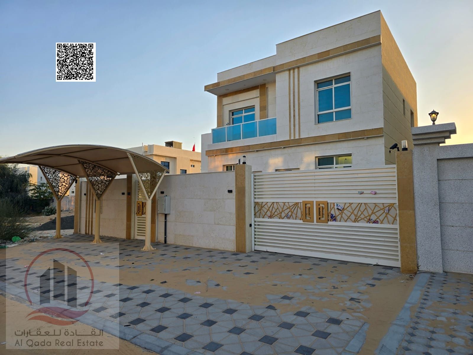 Villa for sale in Al Zahiyah, Ajman. Modern design, ground and first floors, including electricity, water, and air conditioning. (3 master bedrooms, m