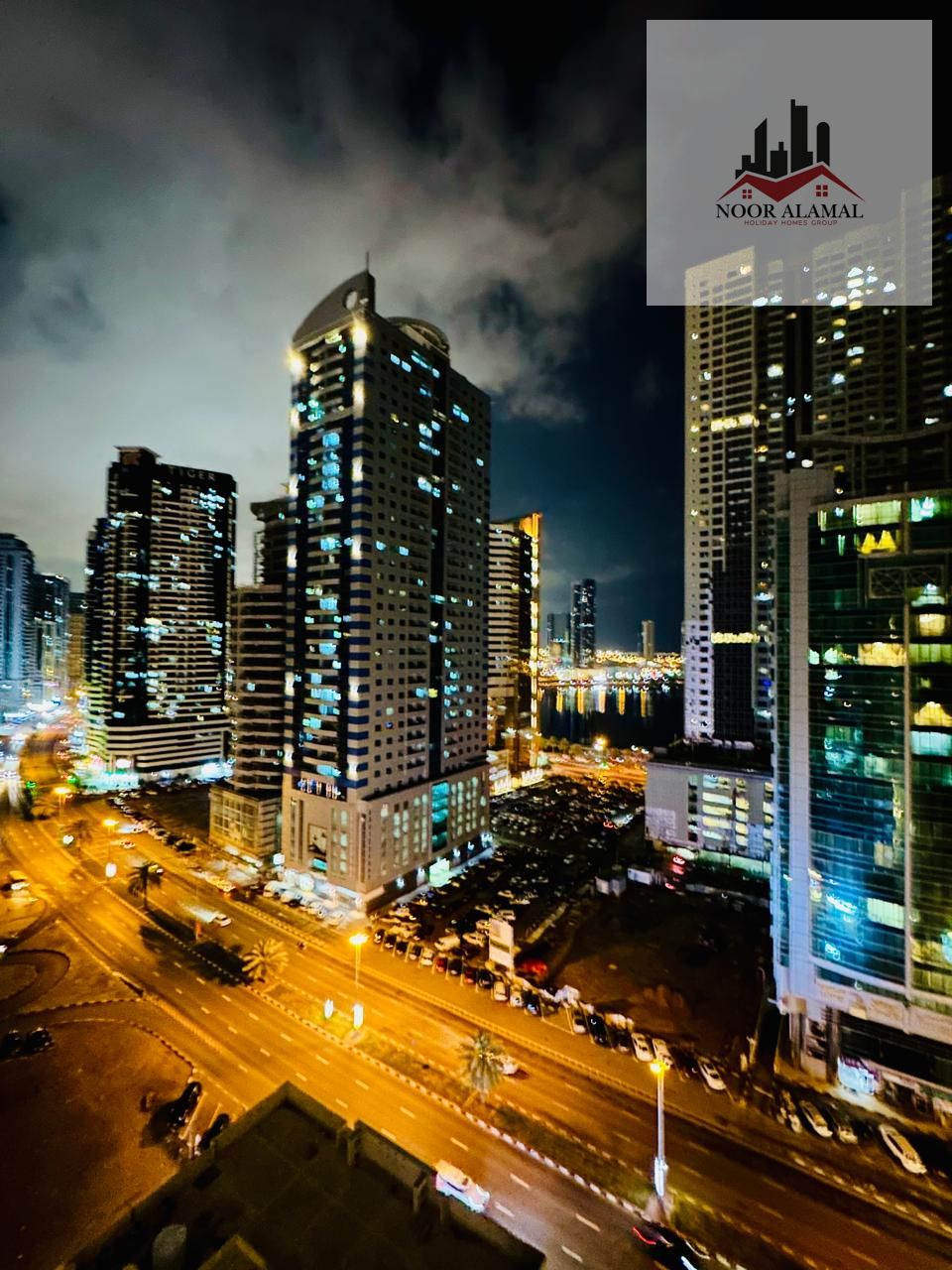 Sharjah, Al Taawun area, new building, hotel-style furnished apartment with two bedrooms, a living room, a kitchen, and two bathrooms.
