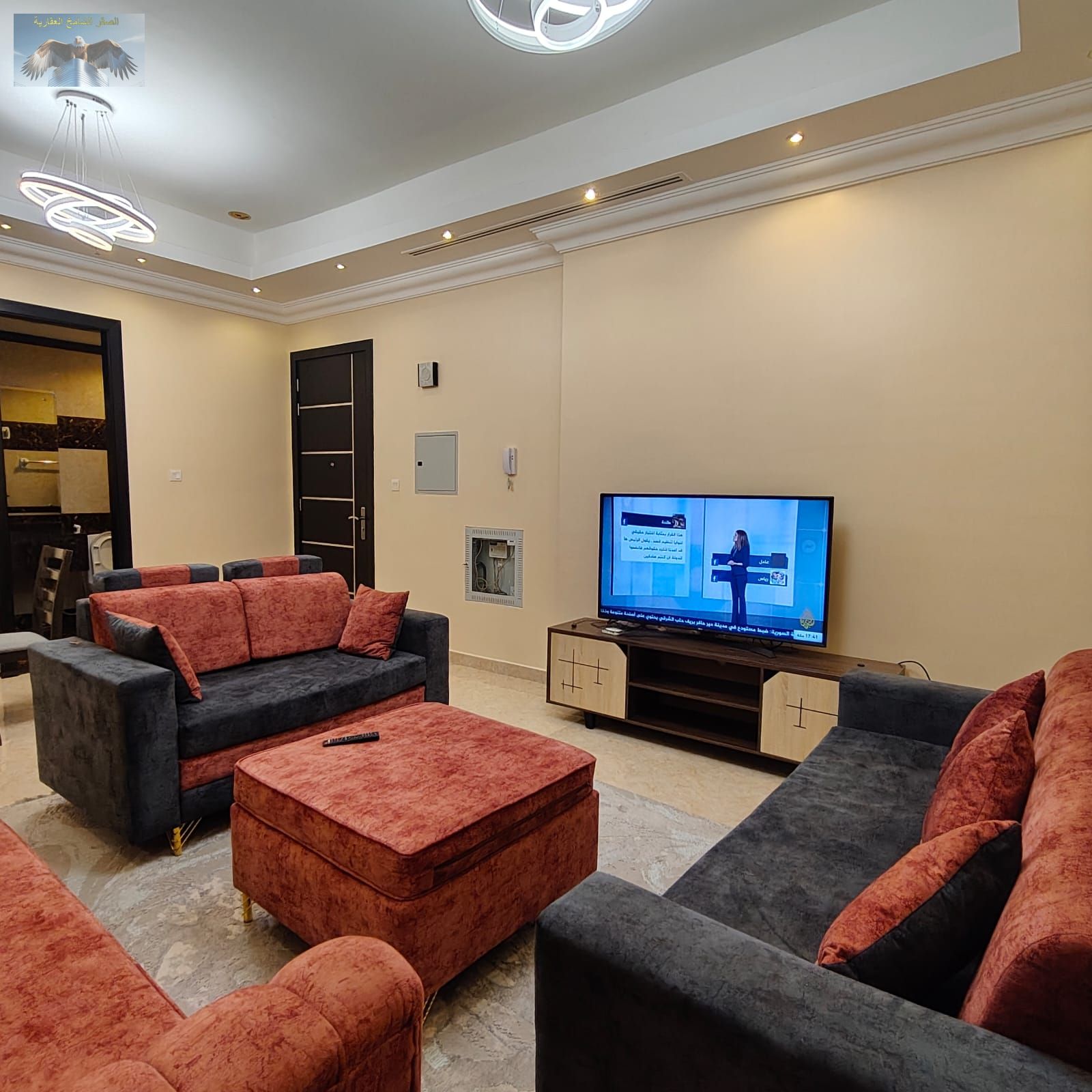 A beautiful furnished apartment offering comfort and spacious living. It features three comfortable bedrooms, a wide and cozy living room, and three b