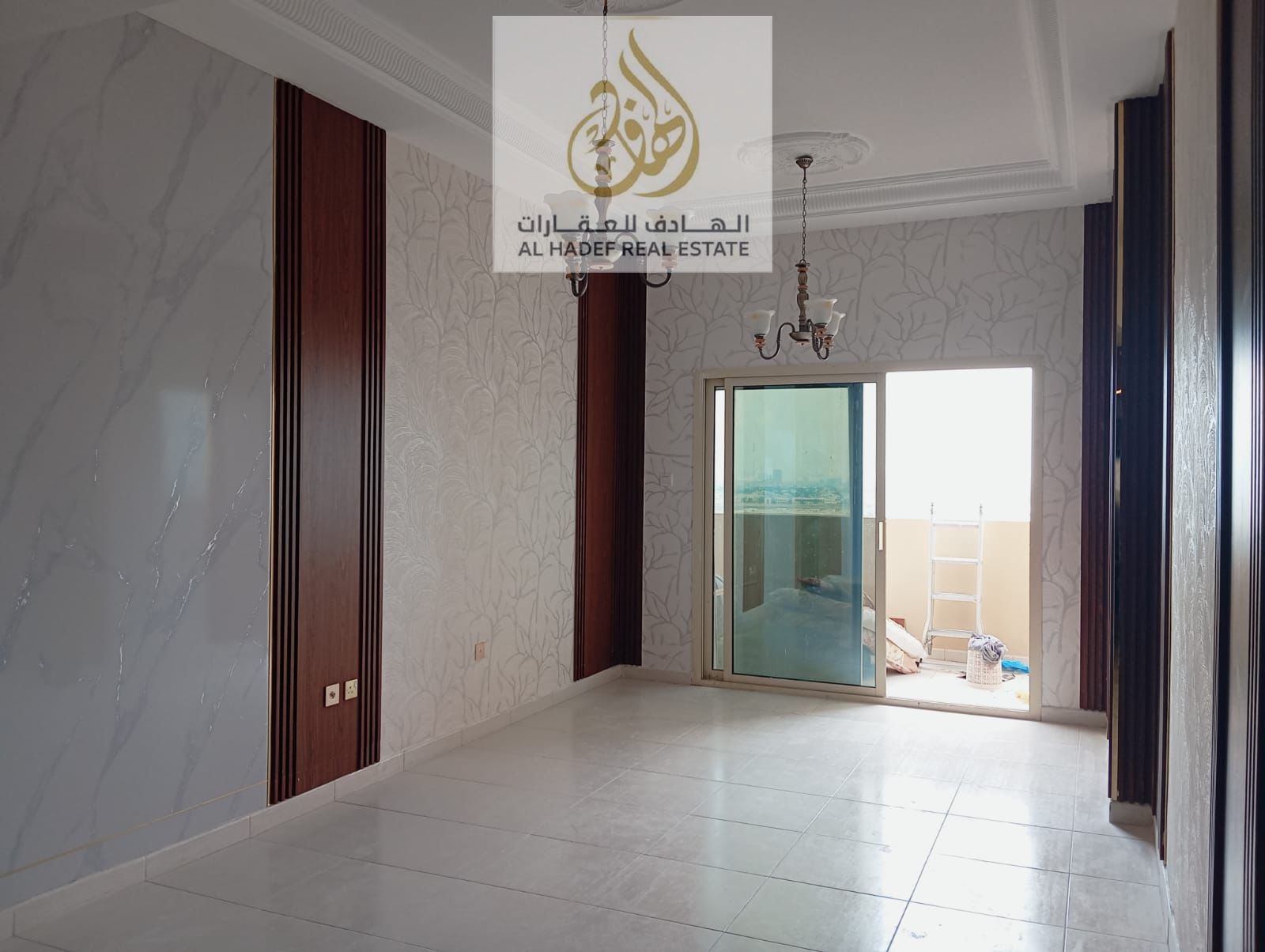 One bedroom and living room with two bathrooms, parking, swimming pool, gym, mosque, and all services within the tower. Large spaces and a distinctive