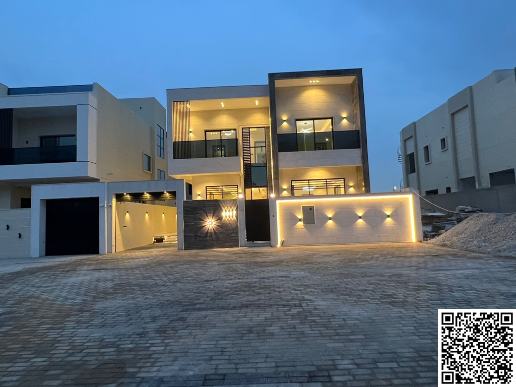 Modern villa with European design in Al Zahiyah area – Ajman. Excellent location on a main street. Two floors. Registration fees included. Land area: