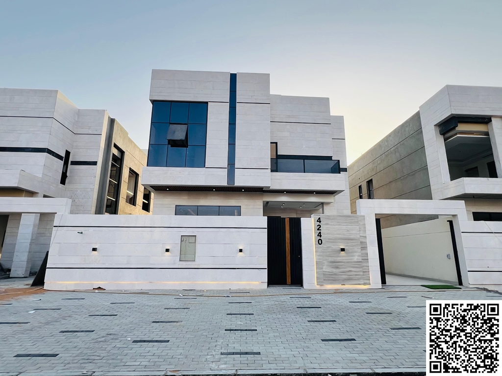 Modern villa in Al Helio 2 area – Ajman. Excellent location on a main street. Two floors, registration fees included, with a swimming pool. Land area: