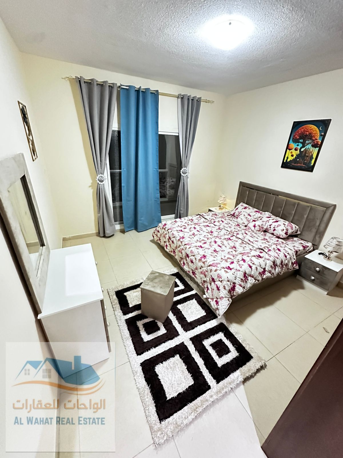 Furnished one-bedroom apartment for monthly rent in Al Jurf 2, Al Yasmin Towers, opposite City Centre. AED 4800, including all bills and parking.