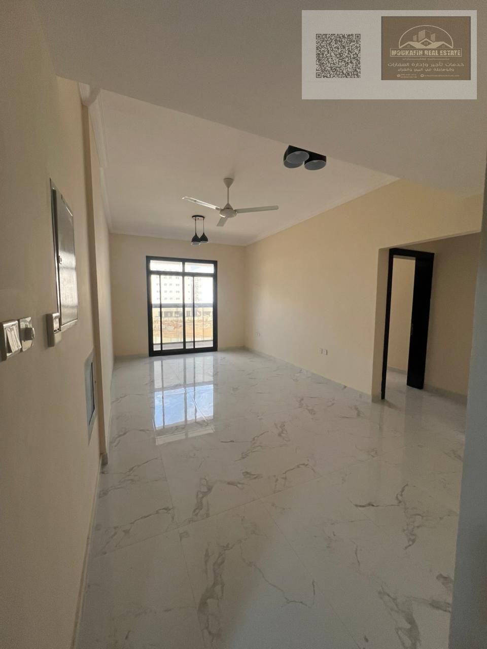2BR hall Al Muwaihat 3, master, 2 baths, balcony, equipped kitchen, central AC