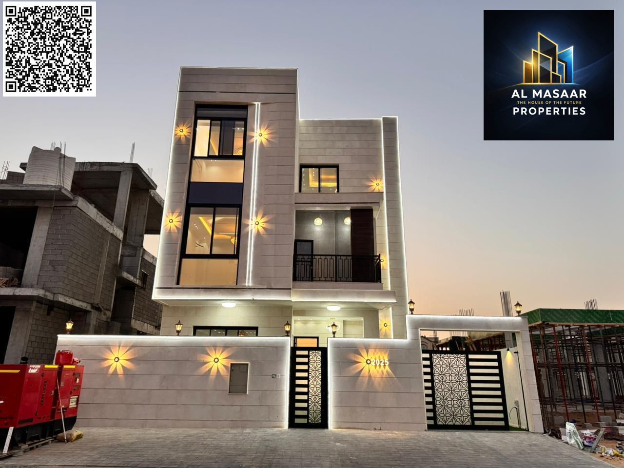 Modern villa for sale in Al Zahia. Price includes electricity, water, and air conditioning. 6 master bedrooms + swimming pool + roof terrace + 3800 sq