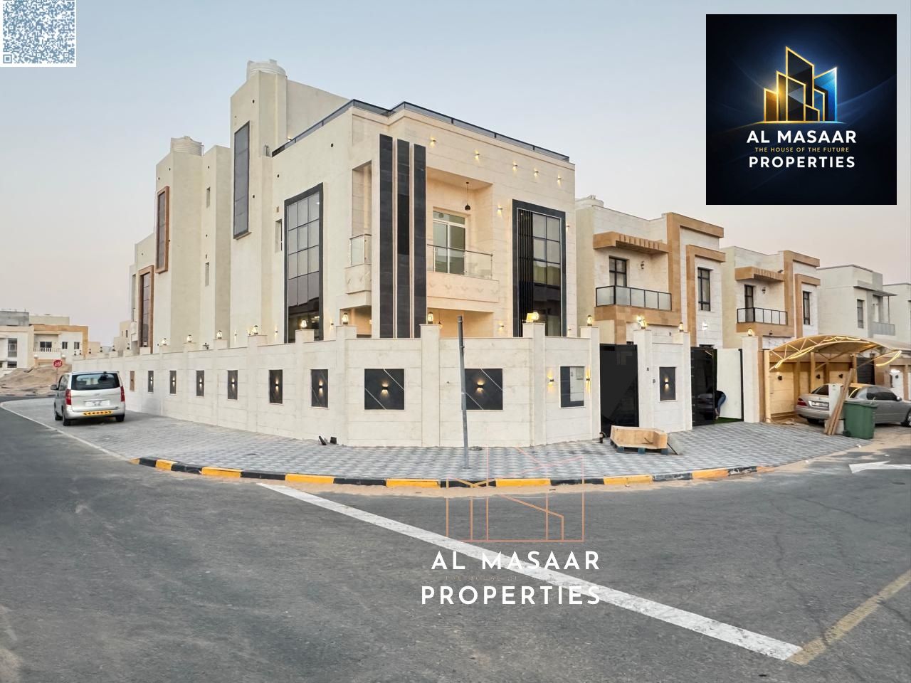 Villa in Al Zahia area, corner unit, two floors and a roof, fully finished to a super deluxe standard.