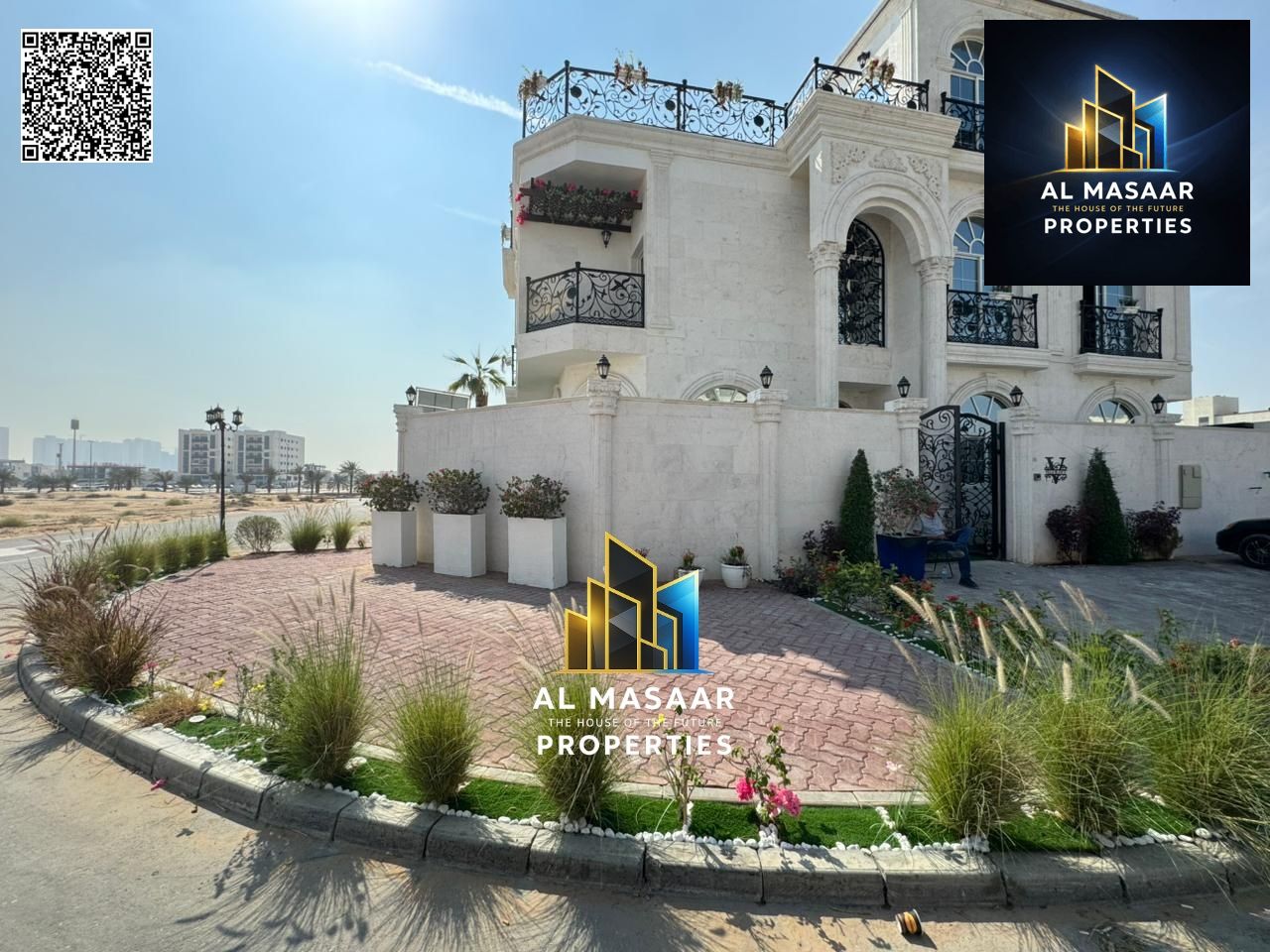 In Al Bahia area, Ajman, a corner villa with two floors and a roof, fully air-conditioned, freehold ownership for all nationalities.