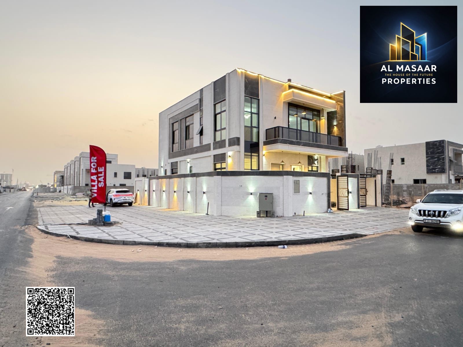 Villa for sale in Al-Haliyo 2, corner plot on two streets, including registration fees, electricity, water, and air conditioning. Freehold ownership f