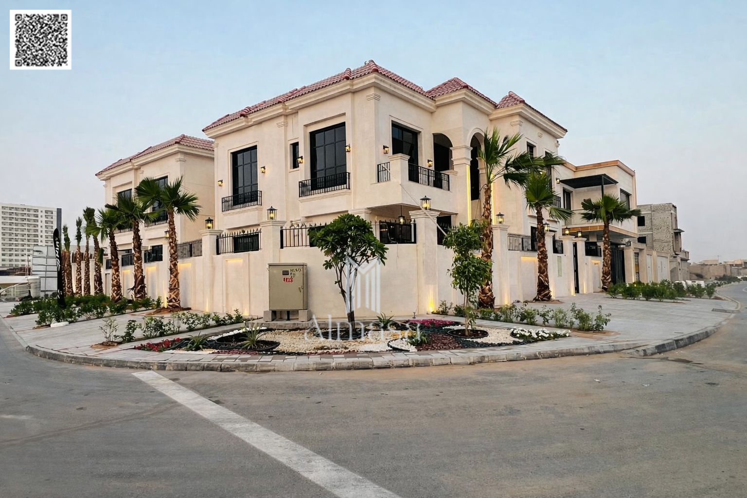 For sale: Brand new two-story villa on a corner lot in Al Yasmin, in a strategic location, overlooking the garden directly. Super deluxe finishing wit