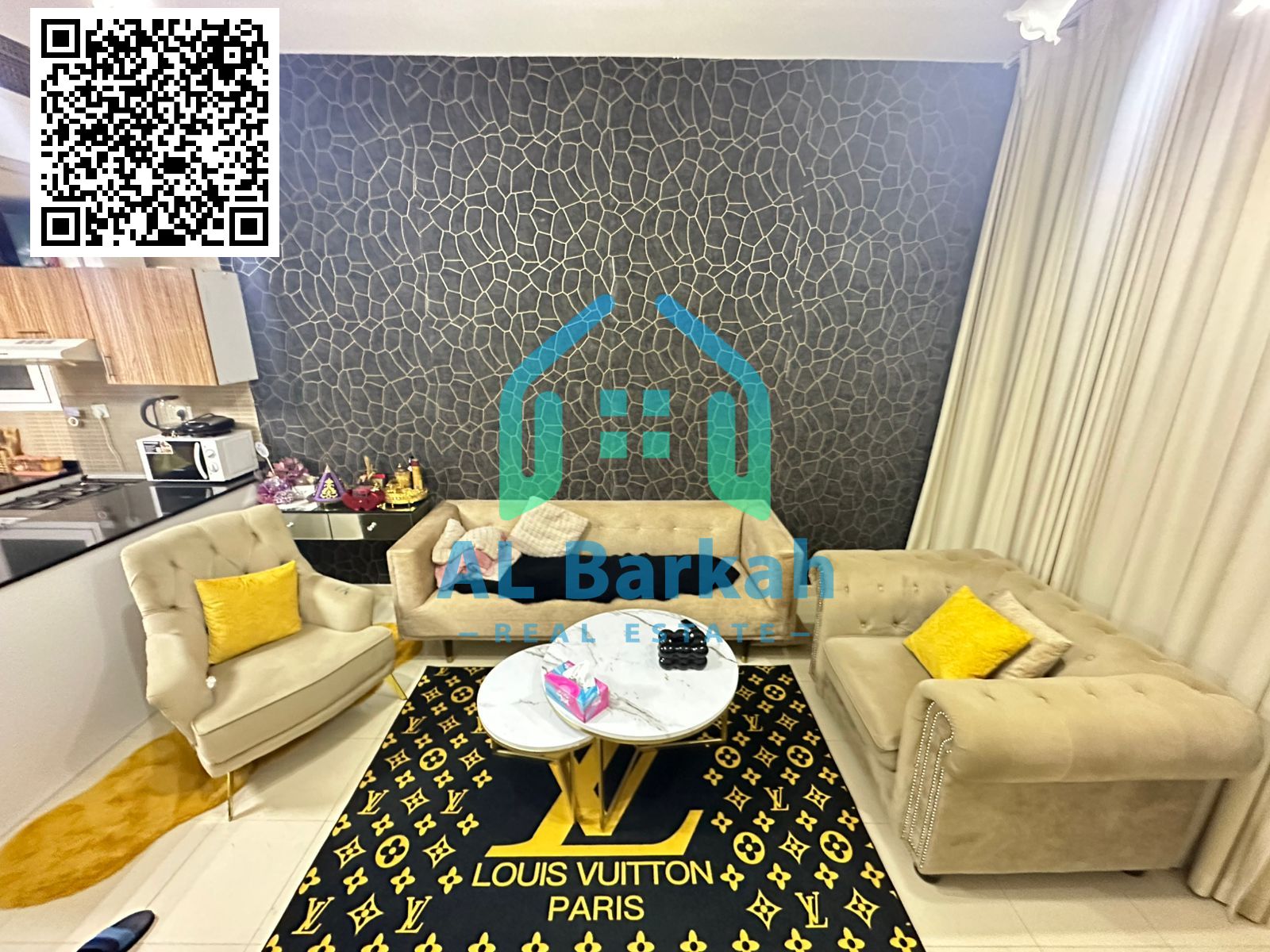 A one-bedroom apartment with a living room featuring a stunning view in City Tower Towers, offering an exceptional location close to all services, hig