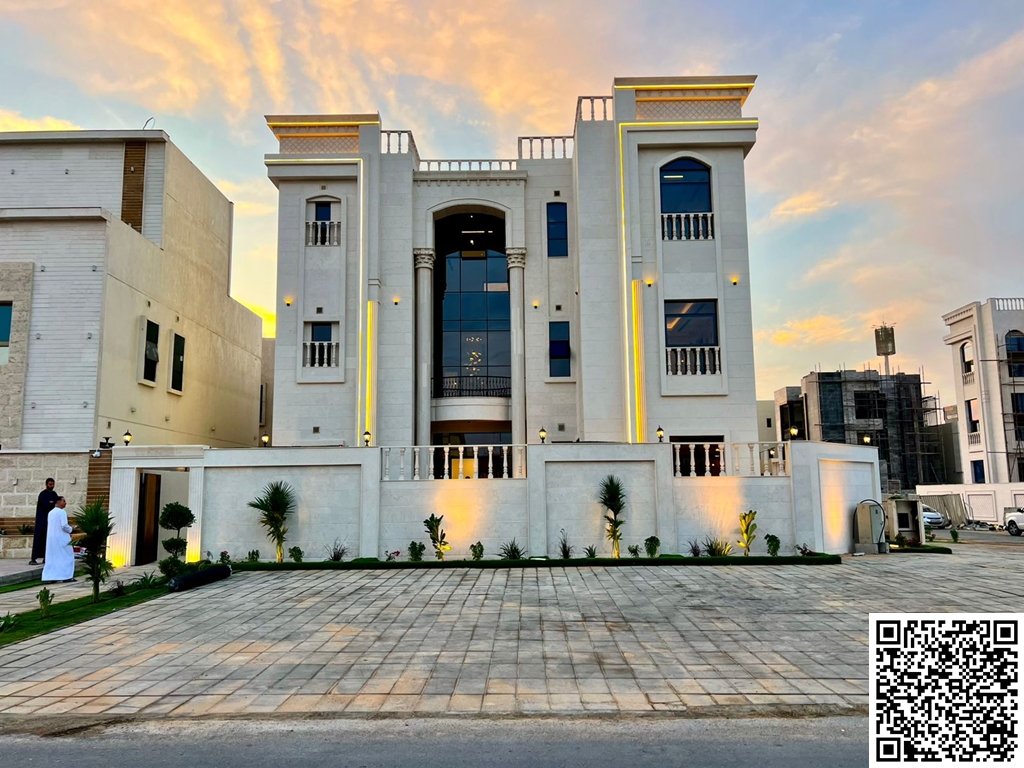 Classic corner villa for sale in Al Zahiyah area – Ajman. Excellent location on a main street. Two floors and a roof. Price includes registration fees