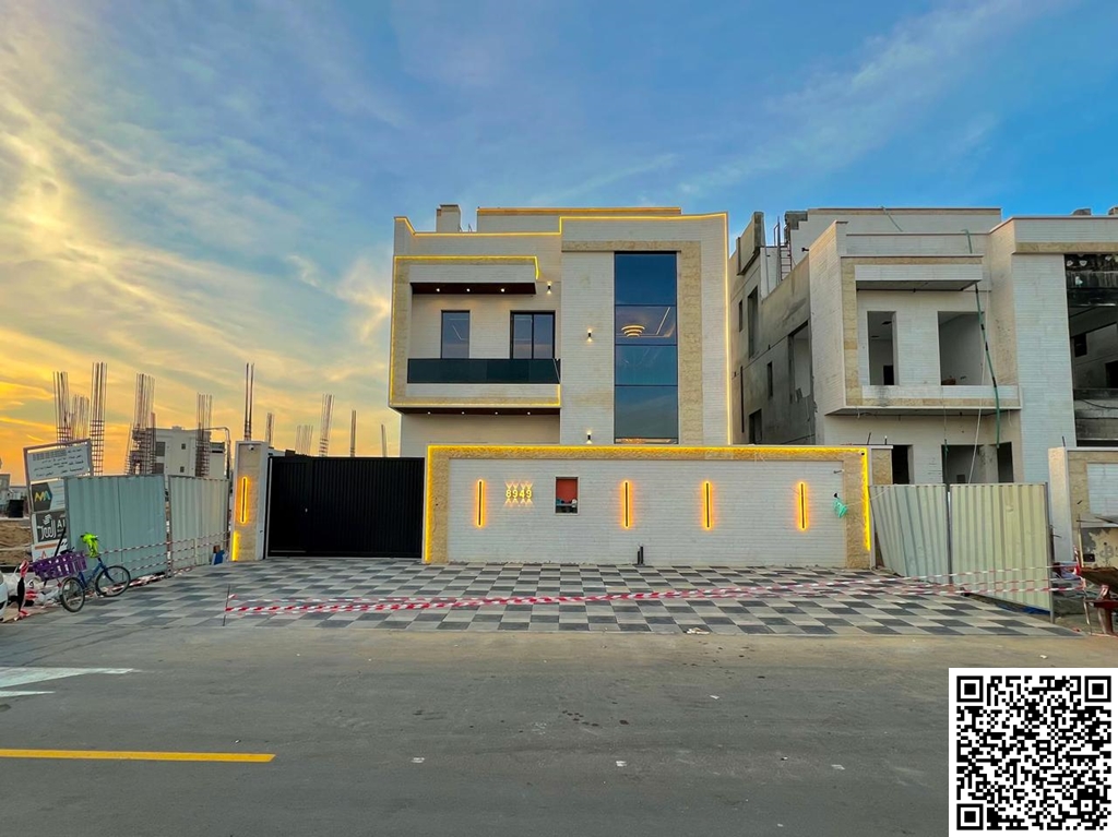 Modern villa for sale in Al Zahiyah area – Ajman. Excellent location on a main street. Two floors and a roof. Price includes registration fees. Land a