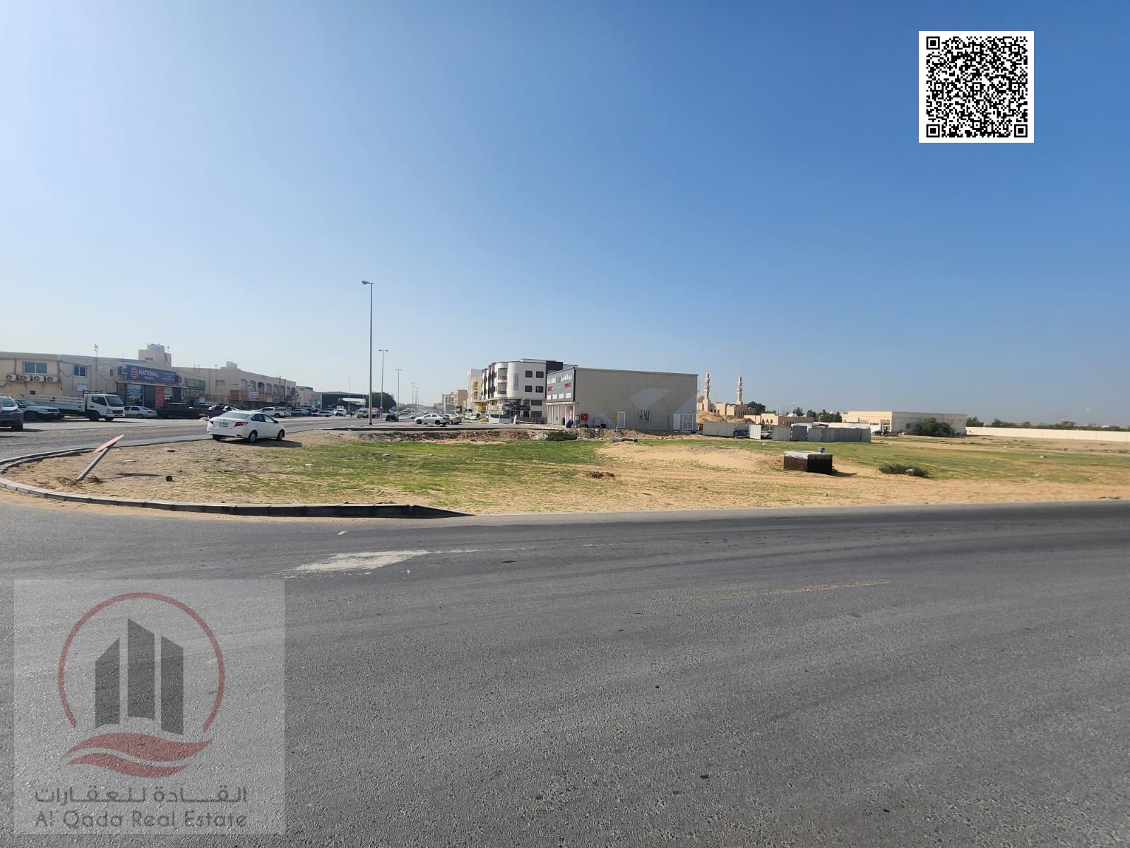 Corner plot of land on a main street for sale in Al-Jarf Industrial Area 2. The land area is 10,000 square feet. The land is located on 3 streets. The