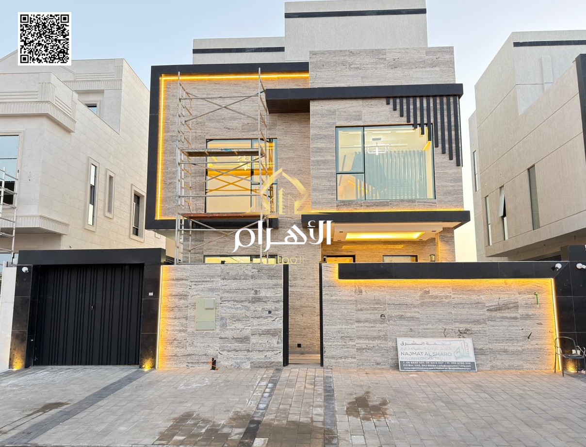 Luxury villa in Al Zahya with rooftop private pool. Price includes electricity, water & AC. High-end finish. For contact: Al Ahram Real Estate – Moham