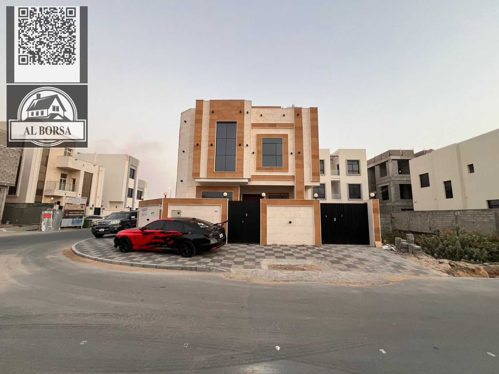 For rent: Corner villa in Al Zahia, on the corner of two streets, ground floor, first floor, and roof. 7 master bedrooms, 3 living rooms, majlis.