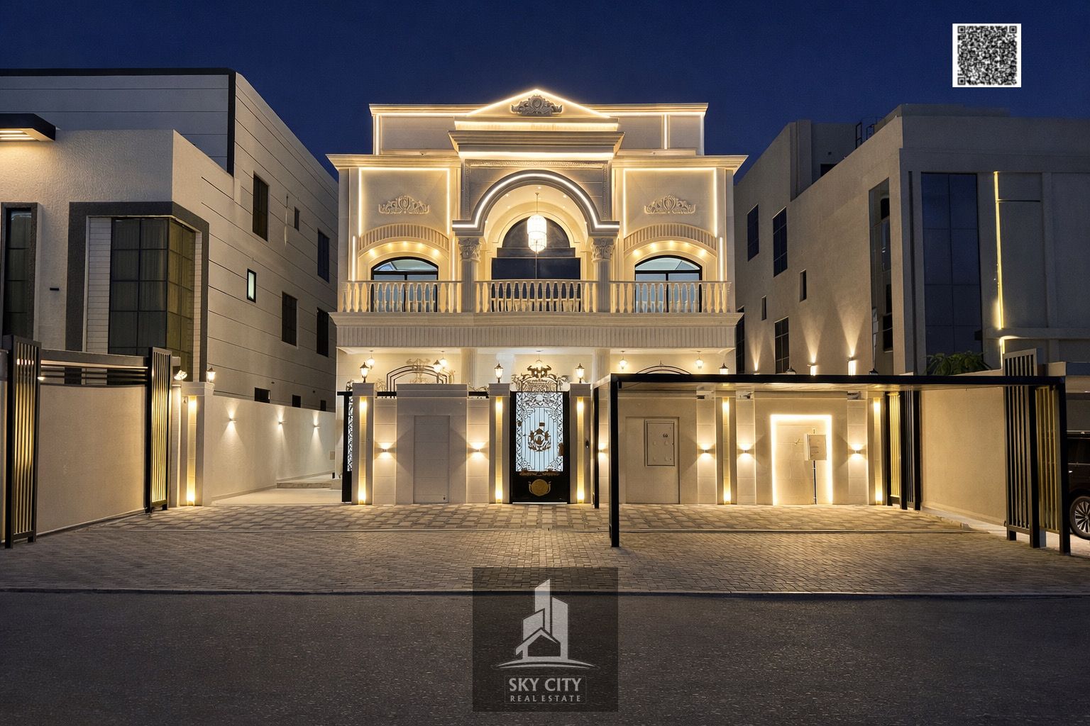 Villa in Al-Aliya area with elevator, turnkey delivery, everything included, on a main street with a 25-meter front setback, ground floor, first floor and roof, 7 rooms