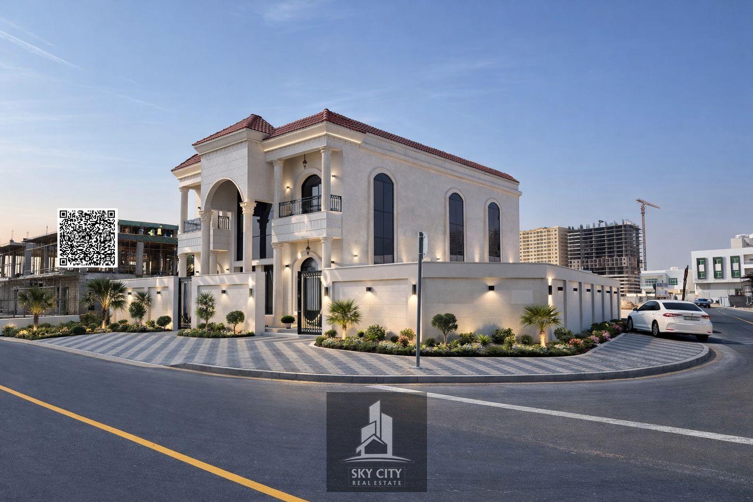 For sale: Neoclassic villa with a swimming pool, prime location directly on Sheikh Mohammed Bin Zayed Road. Includes AC, electricity, and water fees,