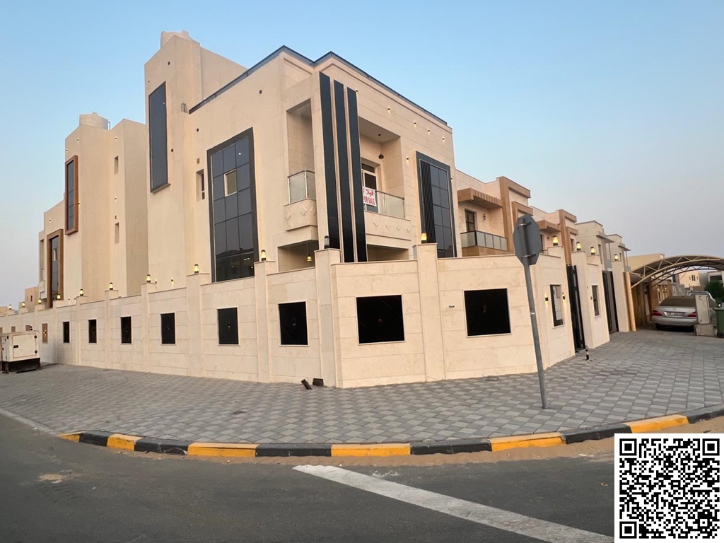 Modern corner villa for sale in Al Zahiyah area – Ajman. Excellent location on a main street, close to all services. Two floors. Land area: 3014 sq ft