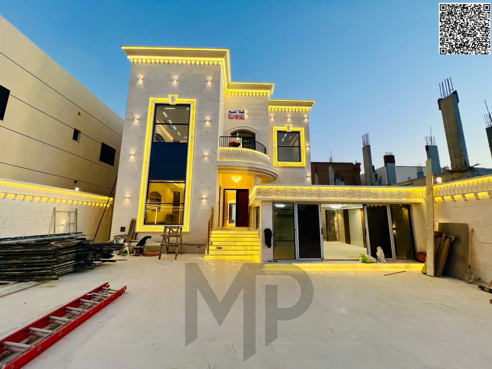 Villa for sale, first occupancy, in Al Muwaihat, main paved street, large setback, rooftop seating area with waterfall.