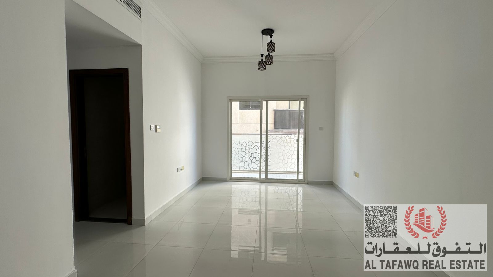 One bedroom, living room, balcony, and two bathrooms are available