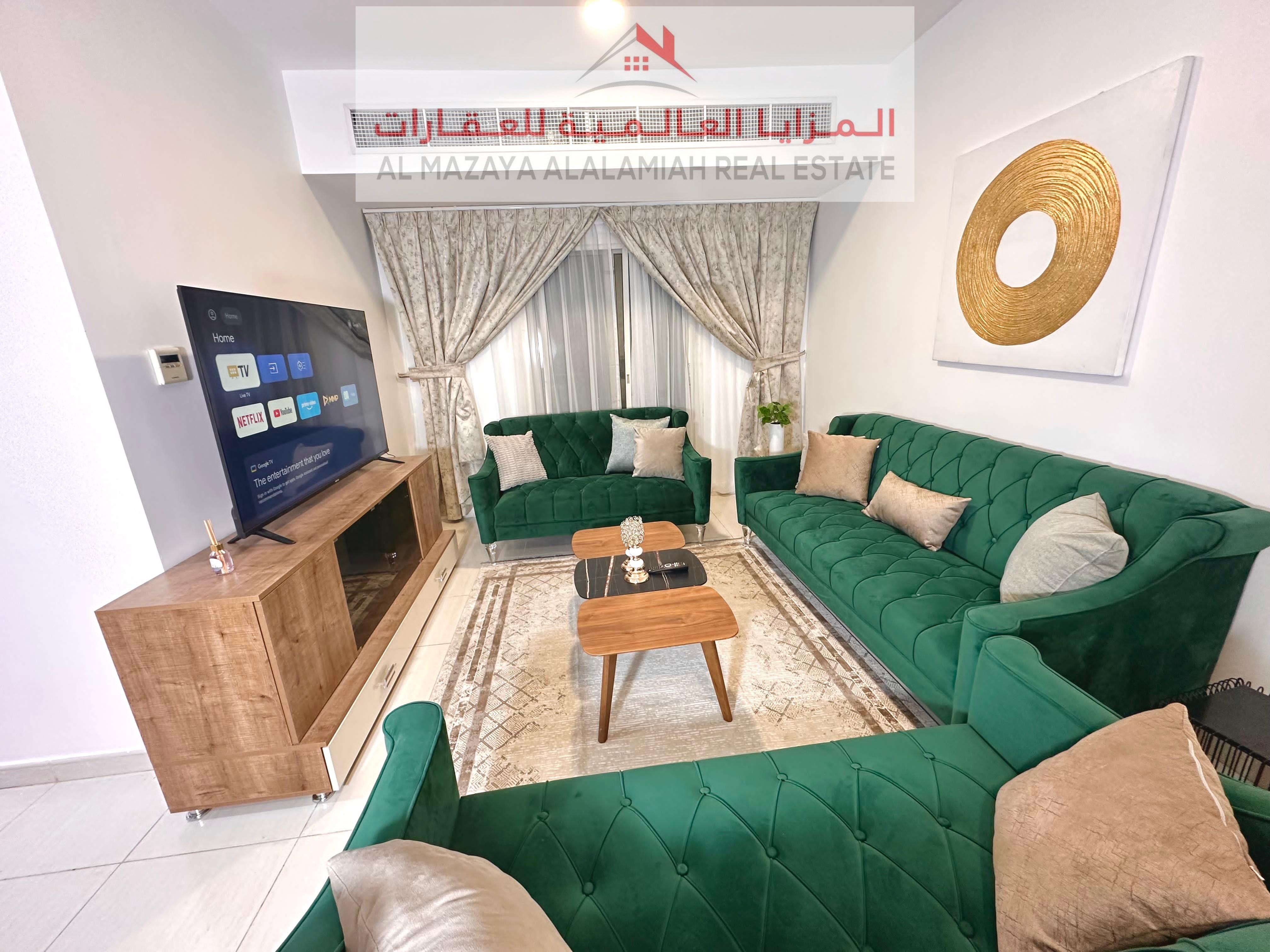 For monthly rent - fully furnished two-bedroom apartment - Sharjah - Muwailih - Al Zahia - with internet