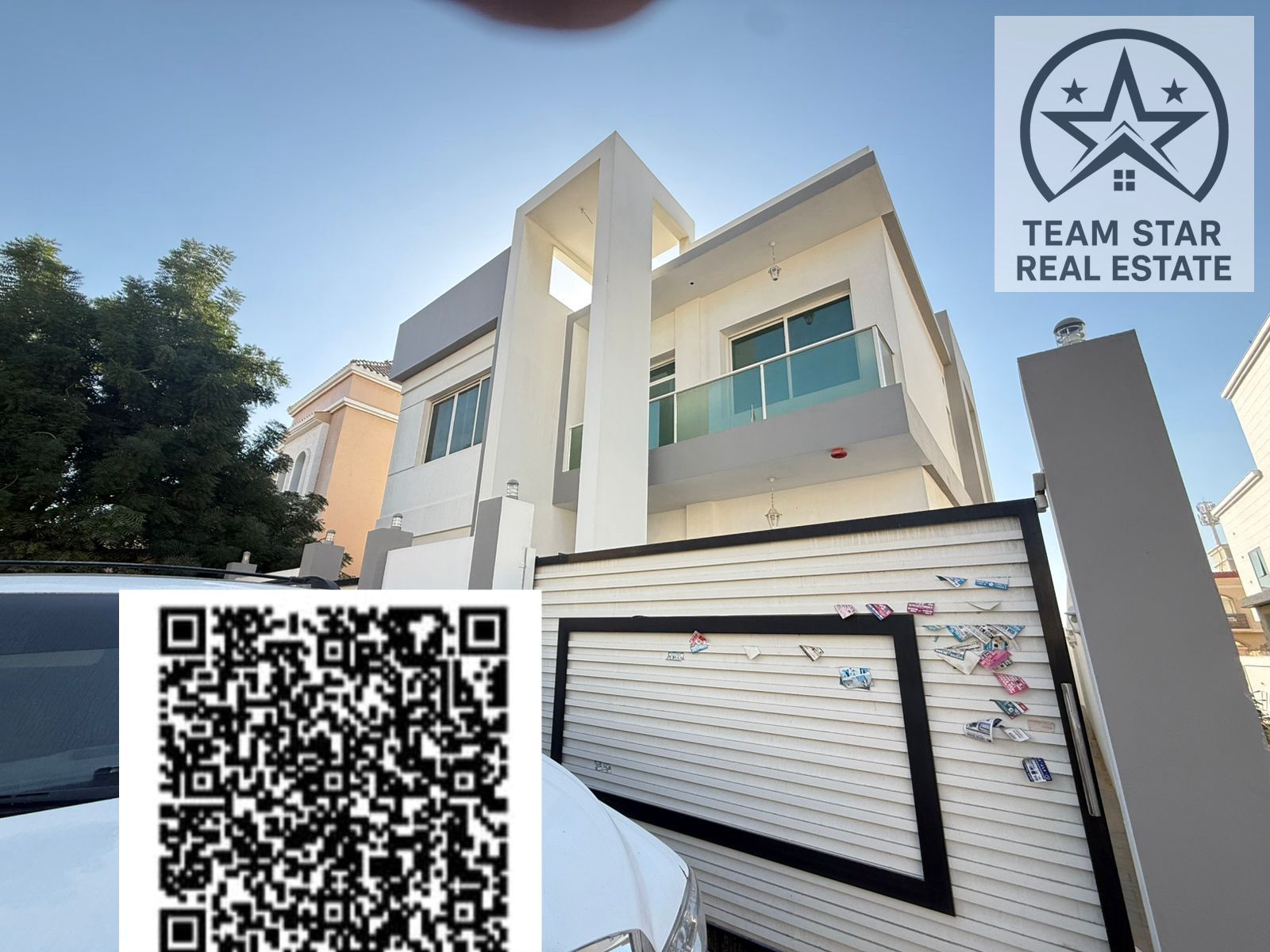 Villa for rent in Al Yasmin area, consisting of five master bedrooms, a majlis, a living room, and a maid's room