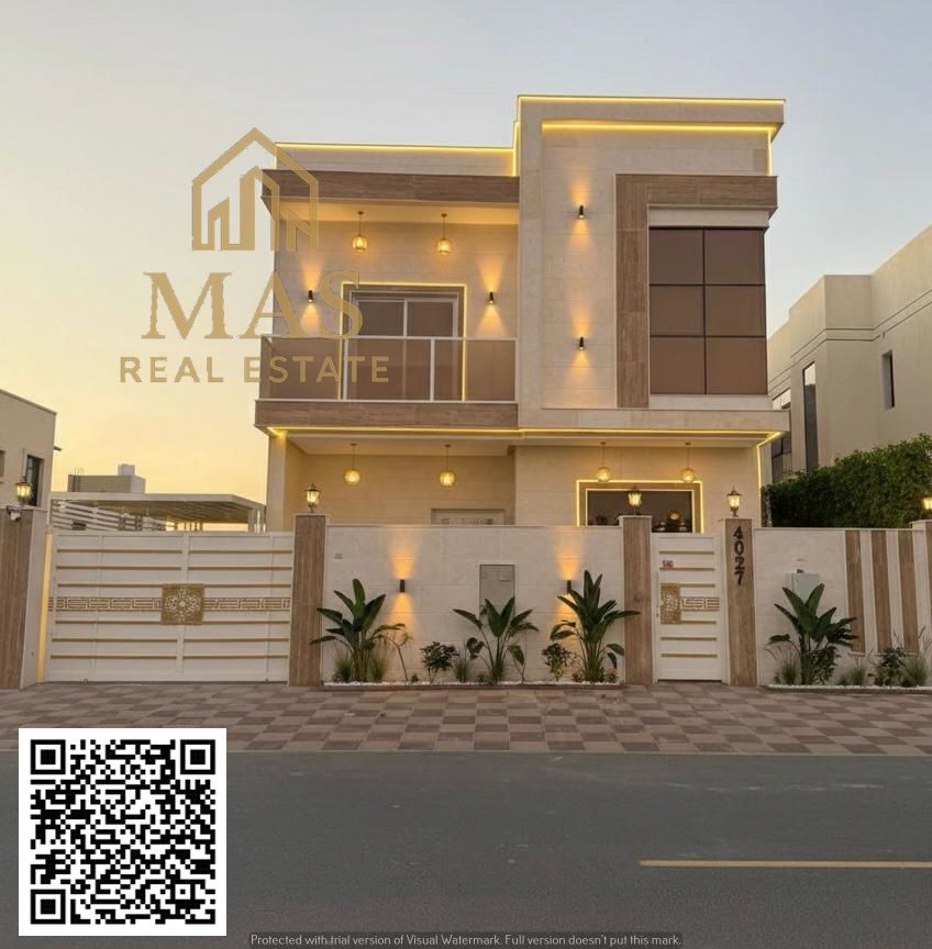 Residential investment villa for sale in Ajman, Al Zahiyah area. Super deluxe finishing, marble and stone facade. Prime location on a paved road, cl