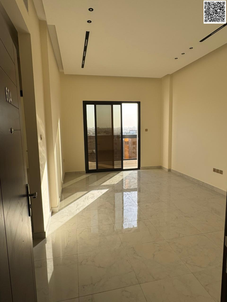 Luxury 2BR hall apartment, first tenant, in Al Jurf 3. Two master bedrooms, spacious hall with balcony, direct Sheikh MBZ Road. Free month.