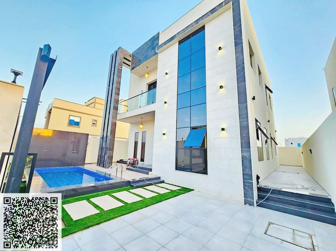 Villa with pool for sale in Al Bahia area, Ajman. Excellent location. Registration fees included. Freehold. Area: 3014 sq ft.