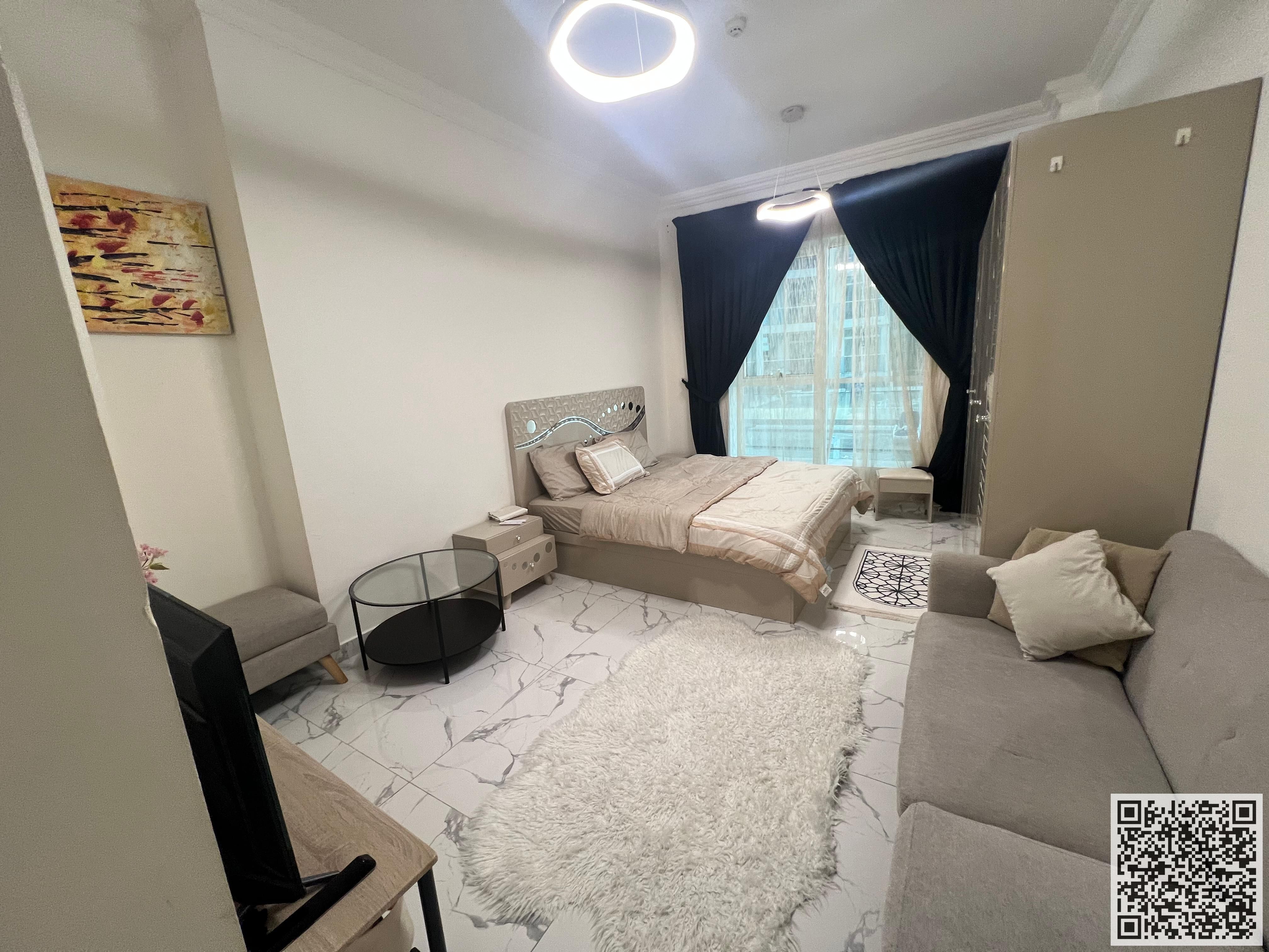 Furnished studio apartment for monthly rent in Ajman, Al Rashidiya 1 - Al Waha Towers Includes bills, internet and parking Ready to move in