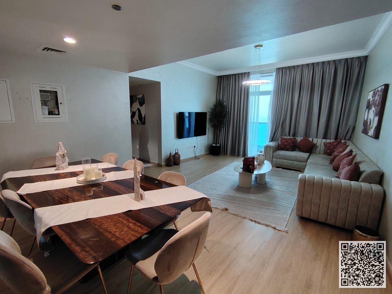 Luxury apartment Two bedrooms, living room, and balcony with sea view, fully furnished, for monthly rent in Ajman Corniche Residence. Includes