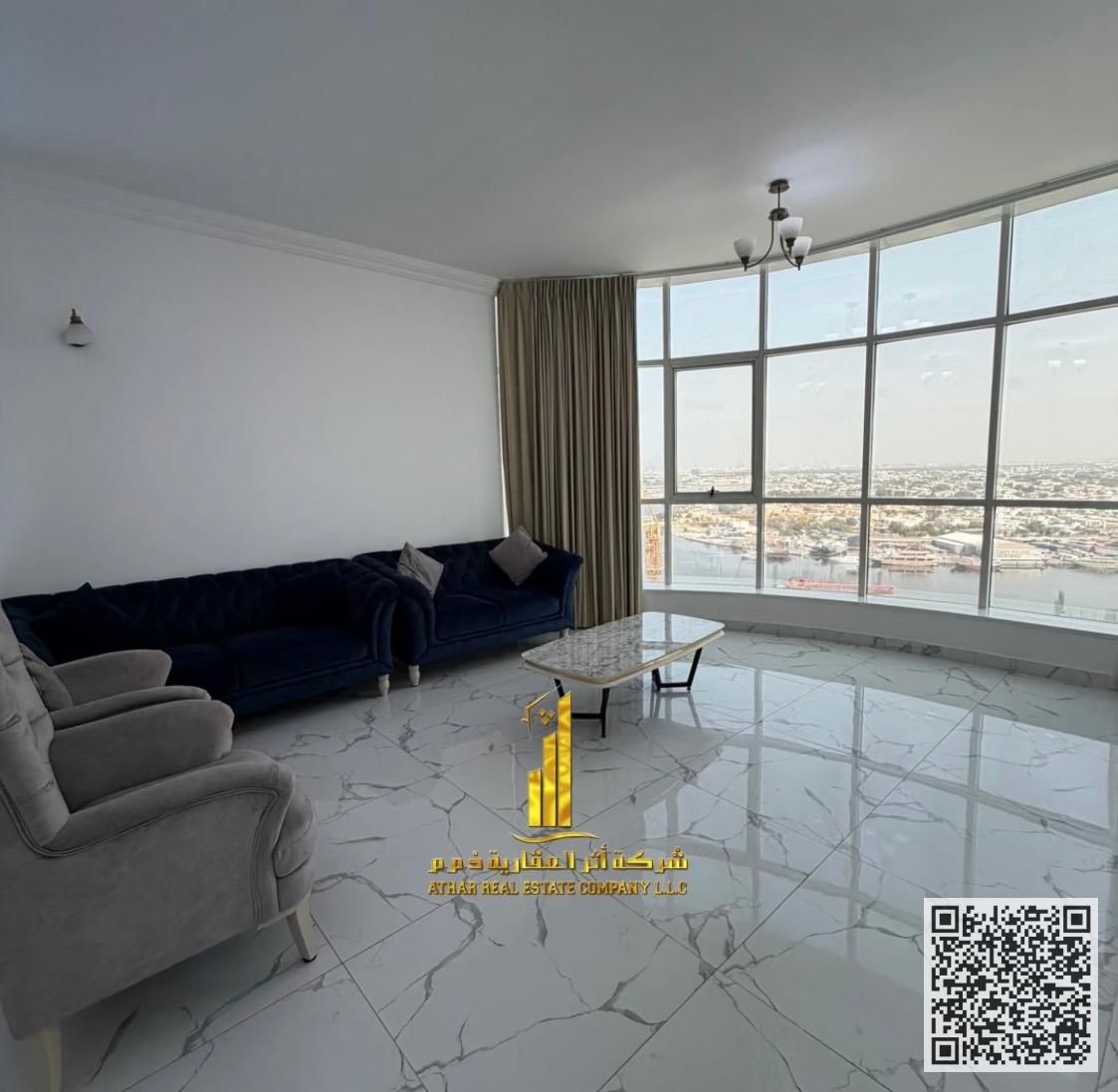 Luxury apartment Two bedrooms, living room, and balcony with sea view, fully furnished, for monthly rent in Ajman, Oasis Tower. Includes utilities,