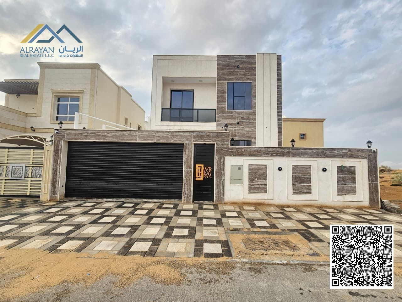 Luxury villa for sale in Ajman, Al Zahiyah, with a super deluxe finish. The villa is in an excellent location on the Sheikh Mohammed Bin Zayed Ro