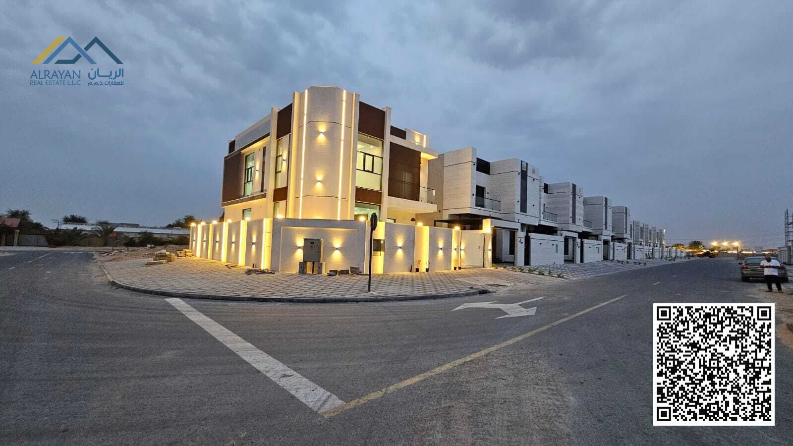 Luxury villa for sale in Ajman, Al Helio 2, with super deluxe finishing. The villa boasts an excellent location on the Sheikh Mohammed Bin Zayed