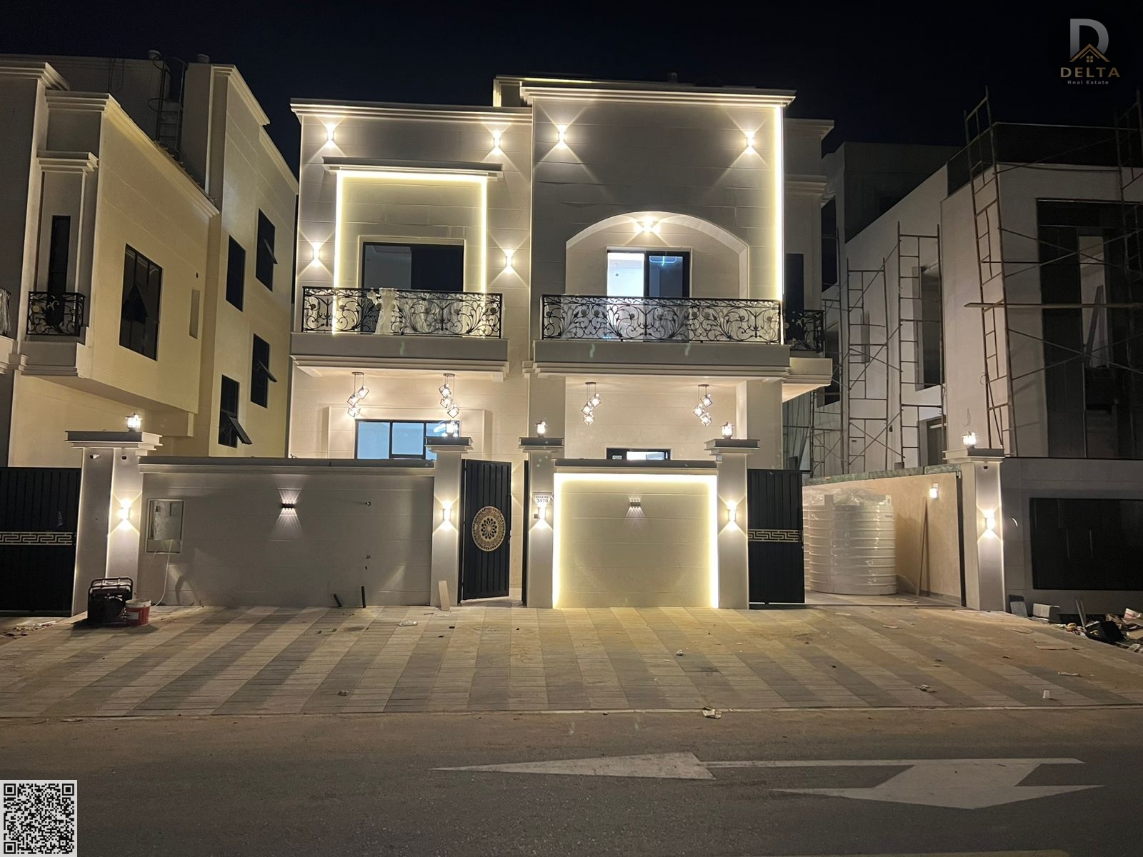 A luxurious villa with a sophisticated classic design, consisting of a ground floor and two upper floors, located in the prestigious Al-Haliyo 2 compo