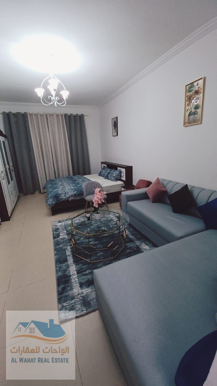 Furnished studio apartment for monthly rent in Ajman, located in Al Yasmin Towers, Al Jurf 2 area, very close to the Sharjah and Dubai exit.