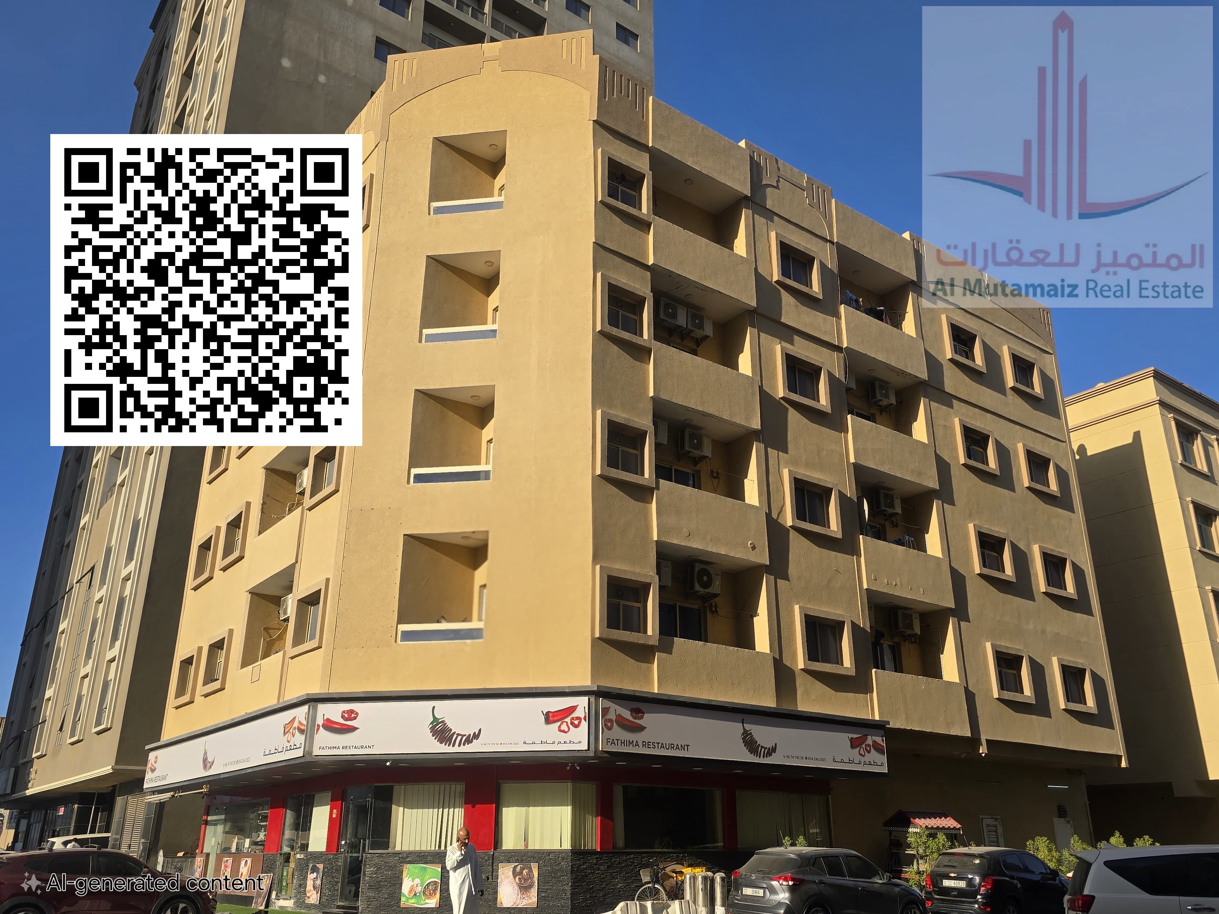 Two-bedroom apartment with a living room, two bathrooms, and a balcony in Al Bustan area