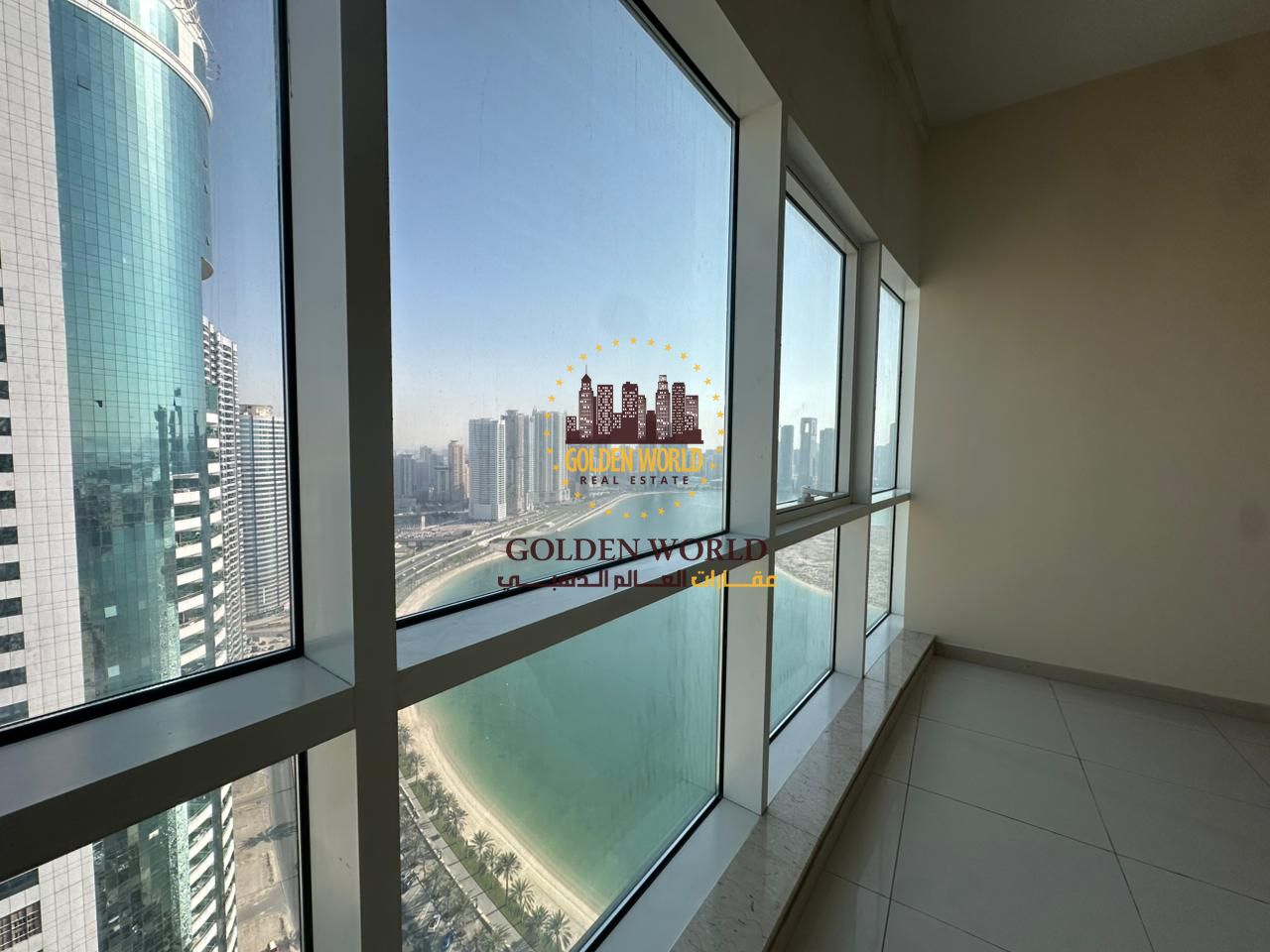 Al Khan | 2BR with lake view, free AC & parking, master room, 3 baths, gym & pool. Pets allowed except cats. Rent 70K.