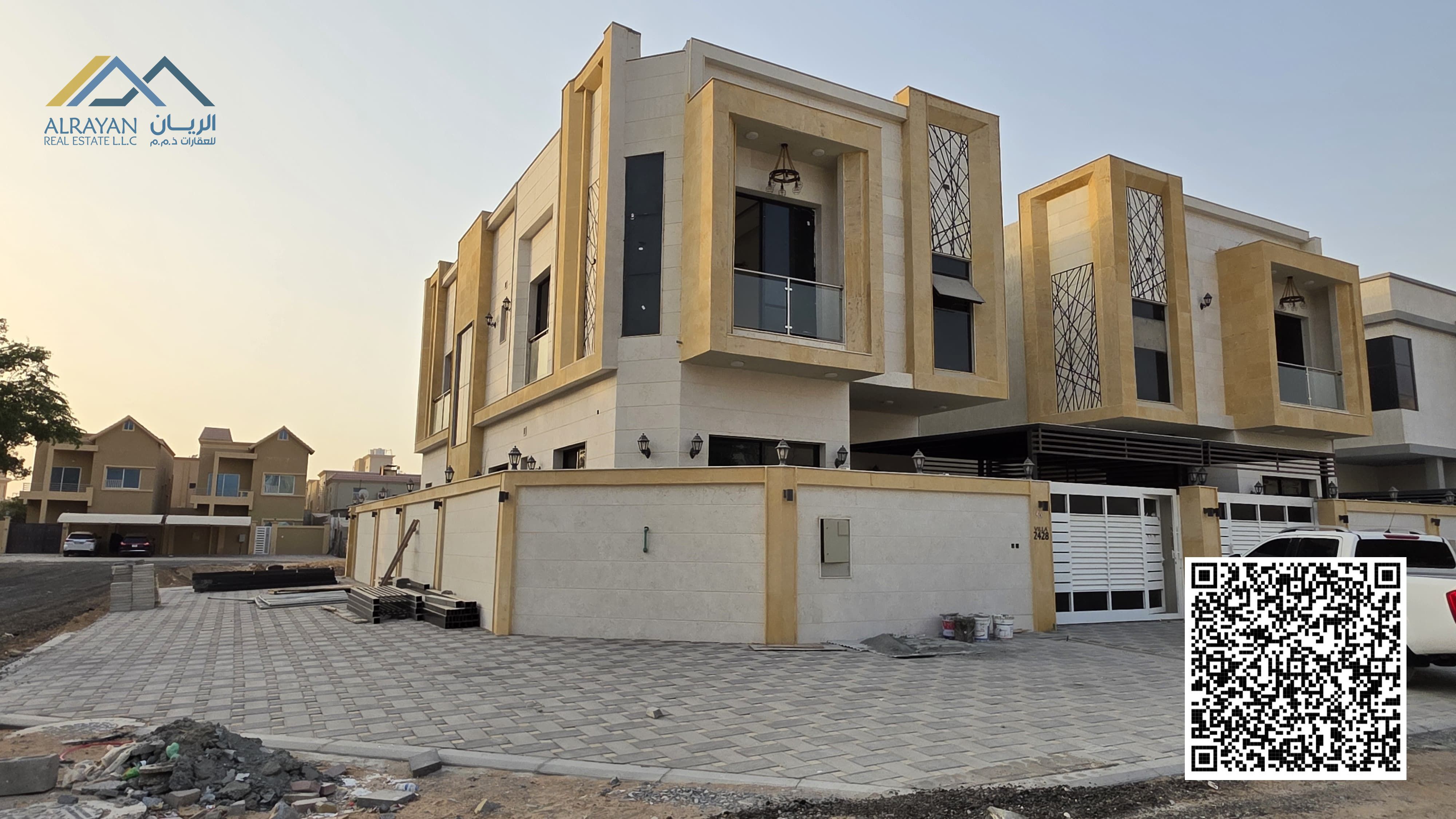 Luxury corner villa for sale in Ajman, Al Zahia, with super deluxe finishing The villa is in an excellent location, 12 minutes from Al Yasmin Par