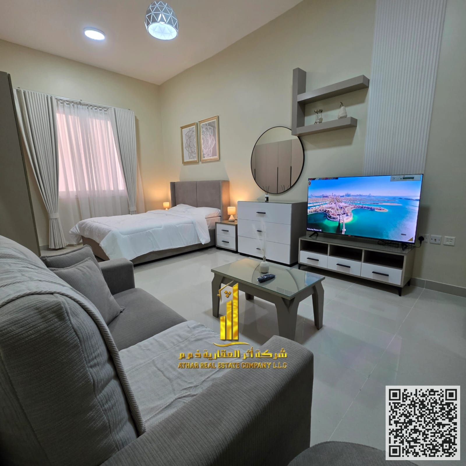 For monthly rent in Ajman - a luxurious studio with a Fully separate kitchen, fully furnished new, elegant furniture and a fully equipped kitchen