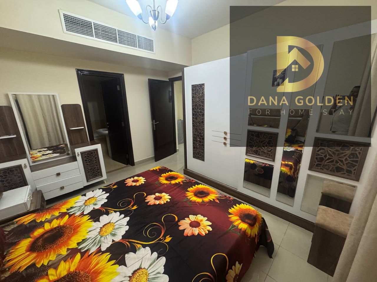 Available for first occupancy: three bedrooms, living room, three bathrooms, two balconies, Sharjah, Al Qasimia, furnished with hotel-style furniture.