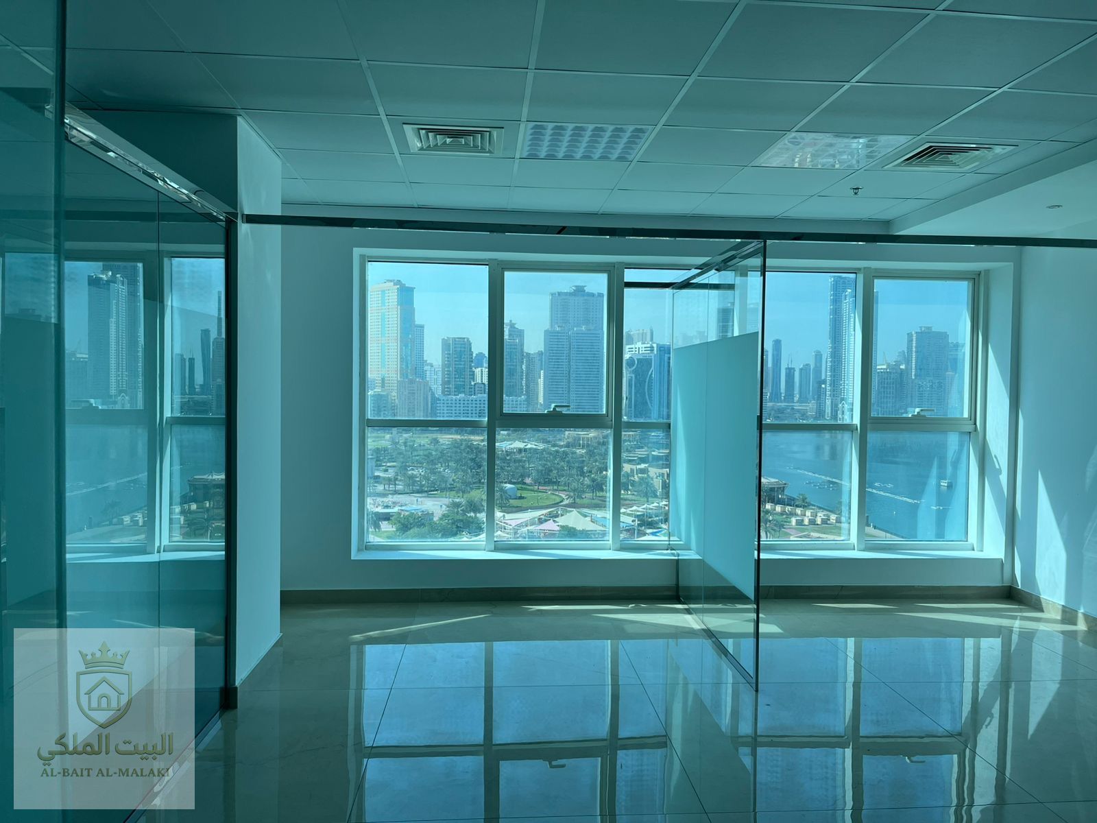 Distinctive office for rent in Sharjah - Al Majaz 2 with a vital location and a large area of 1800 square feet, suitable for all administrative and corporate activities. Features free central air conditioning on the owner, free parking,